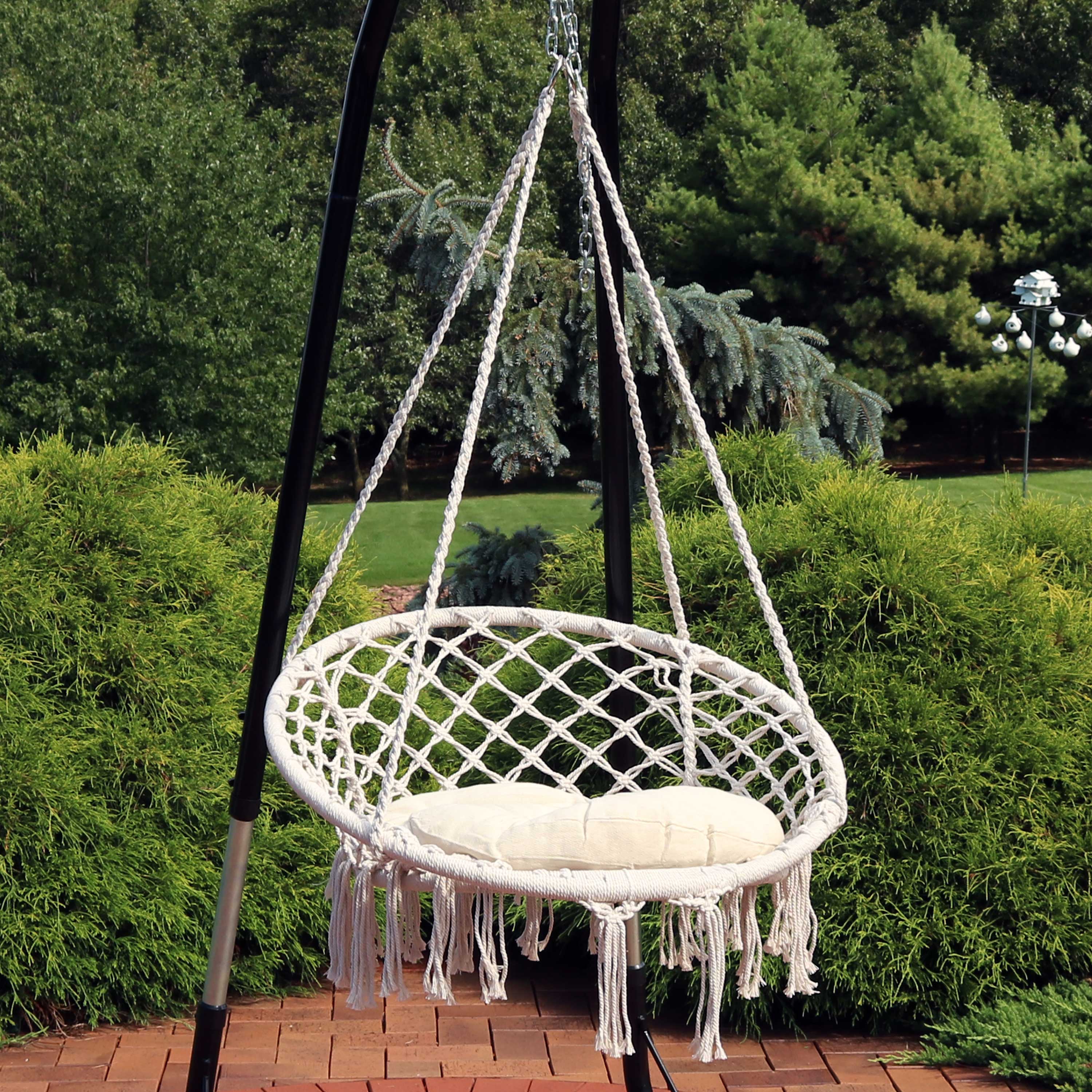 Sunnydaze Macrame Hanging Hammock Chair with Tassels & Cushion - White Cotton Boho Style Swing Seat for Indoor Outdoor Patio, Garden, Balcony Relaxation