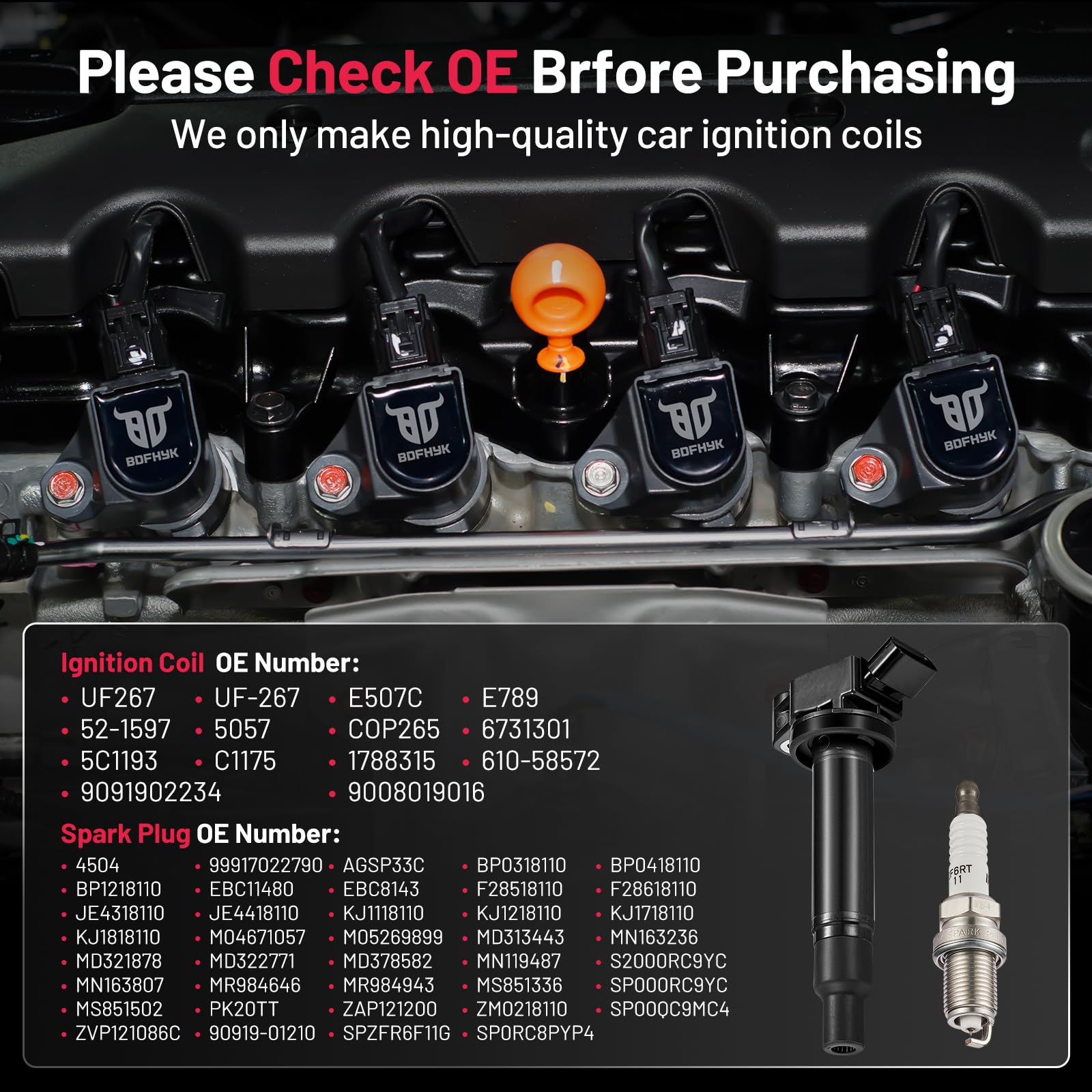 BDFHYK Ignition Coil Pack UF267 & Iridium Spark Plugs 4504 PK20TT – Compatible with Lexus ES300 RX300 RX330 RX400 & Toyota Avalon Camry Highlander Sienna Solara 3.0L 3.3L V6 (6-Piece Set) – Improve Engine Performance & Fuel Efficiency for Smooth Driving