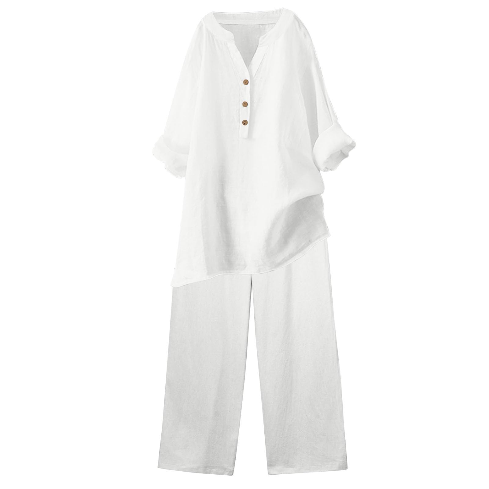 Women's 2-Piece Linen Pants Set - Casual V-Neck Button Down Shirt & High Waist Pants Outfit for Beach, Travel & Summer | Breathable Comfort Outfits for Women