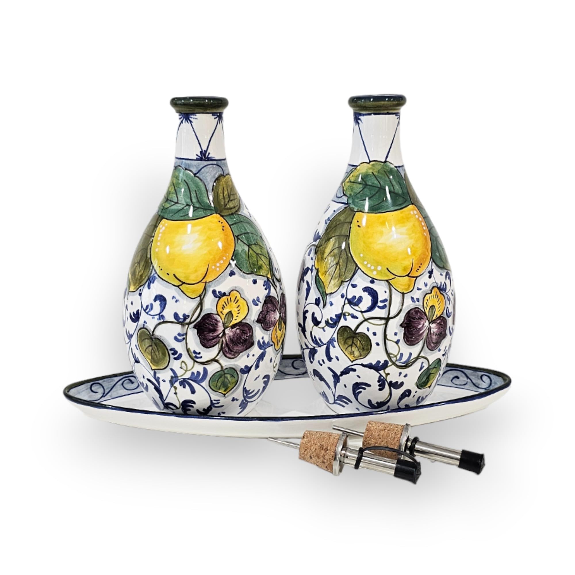 Italian Ceramic Oil and Vinegar Dispenser Set - Hand-Painted Lemon Design - 7 oz Kitchen Oil & Vinegar Bottles - Made in Tuscany, Italy - Home Decor & Italian Pottery for Dining Table, Kitchen Counter, or Gift
