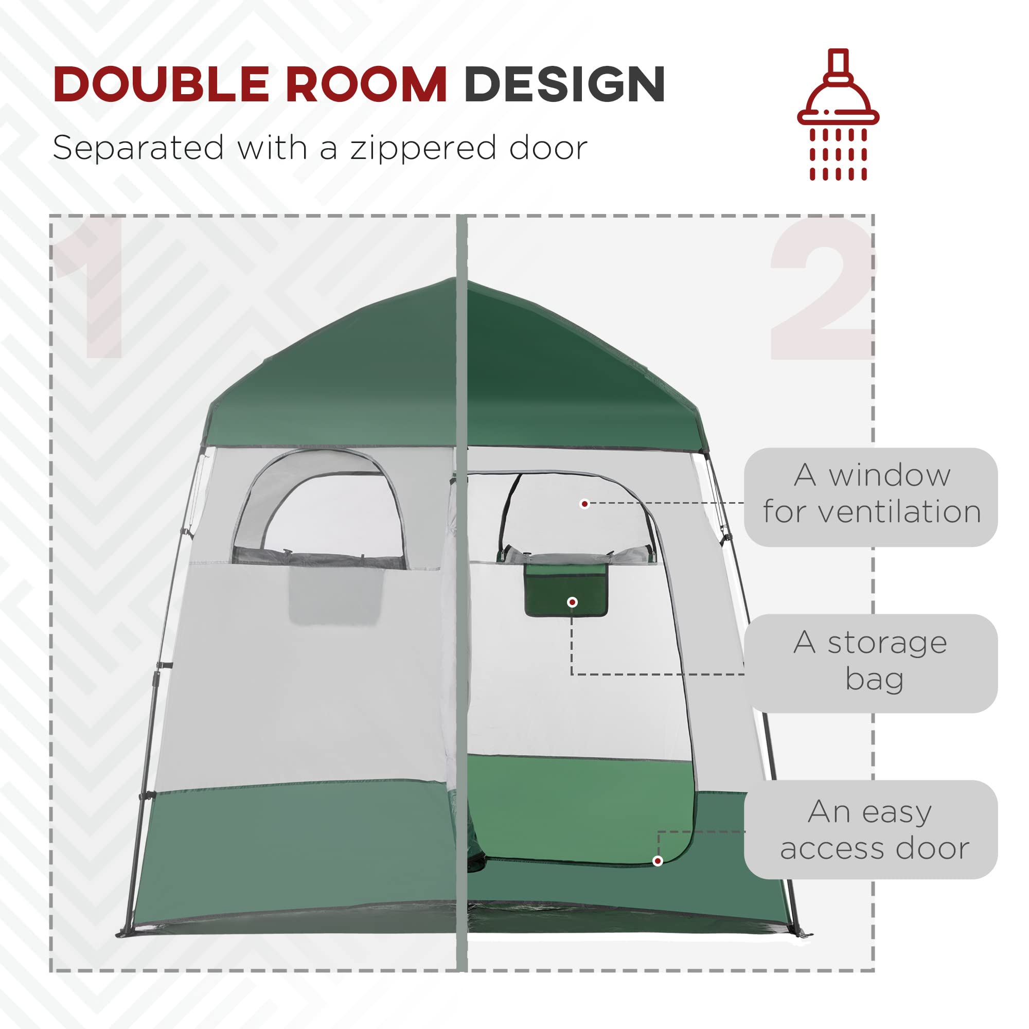 Outsunny Pop Up Shower Tent - 2 Room Portable Privacy Shelter for Camping, Beach, Outdoor Shower & Changing Room w/ Shower Bag, Floor Mat & Carrying Case | Perfect for RV Trips, Backpacking & Beach Days