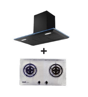 Ellane EH 2690 90cm Black Designer Chimney Range Hood with EB 228SV 75cm 2-Burner Stainless Steel Gas Cooktop - Modern Kitchen Ventilation System for Home Cooking & Smoke Extraction