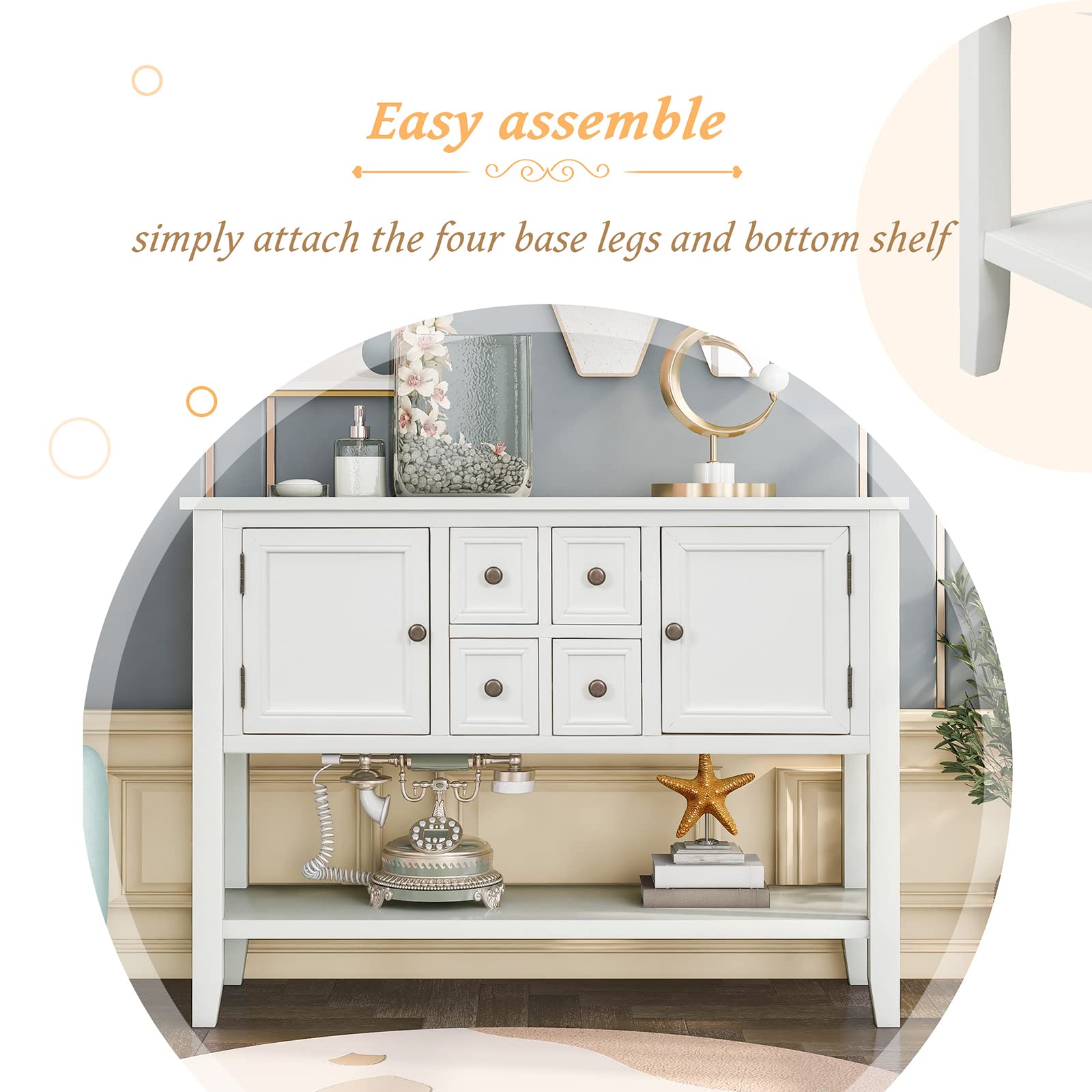 Rustic White Console Table with 4 Drawers & Open Shelf - Entryway Sideboard, Buffet Storage Cabinet for Living Room | Distressed Finish, Easy Assembly | Perfect for Hallway Decor, Farmhouse Dining Room Storage & Entry Organizer