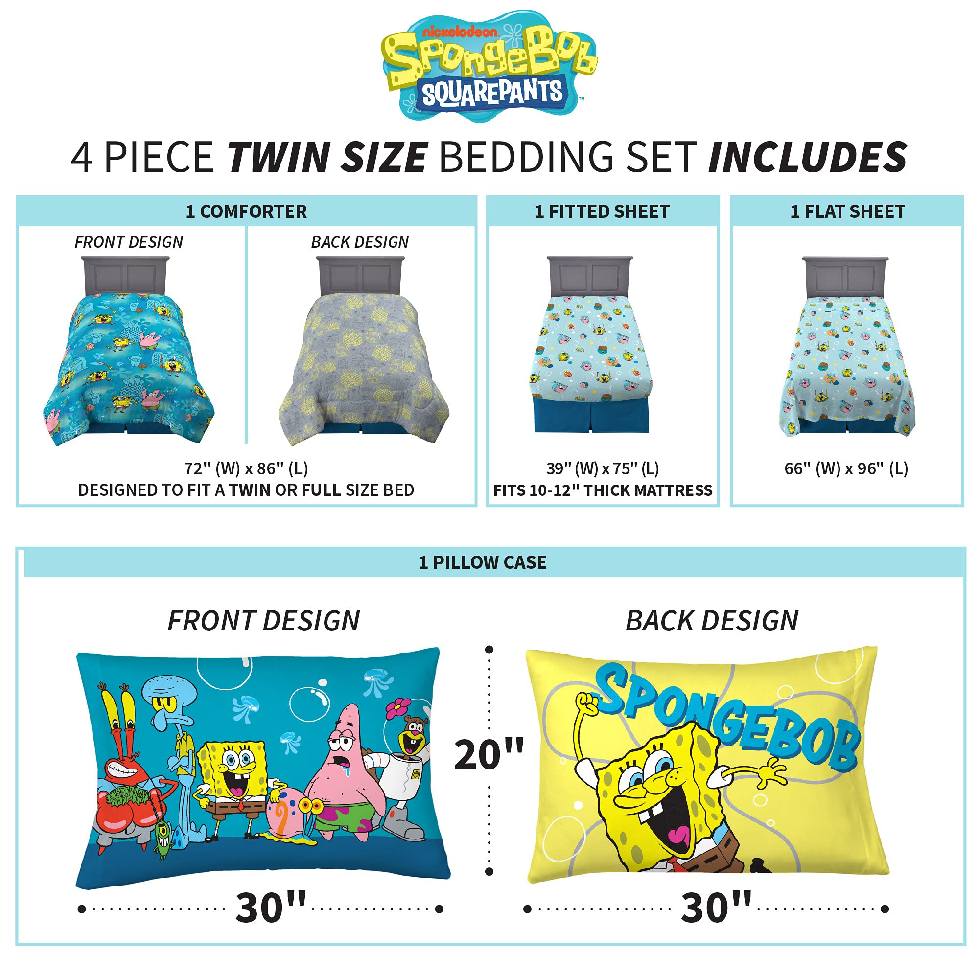 Franco Kids Bedding Set - Super Soft 4-Piece Twin Comforter & Sheet Set with Spongebob Design | Perfect for Boys & Girls Bedrooms, Sleepovers, and Themed Decor