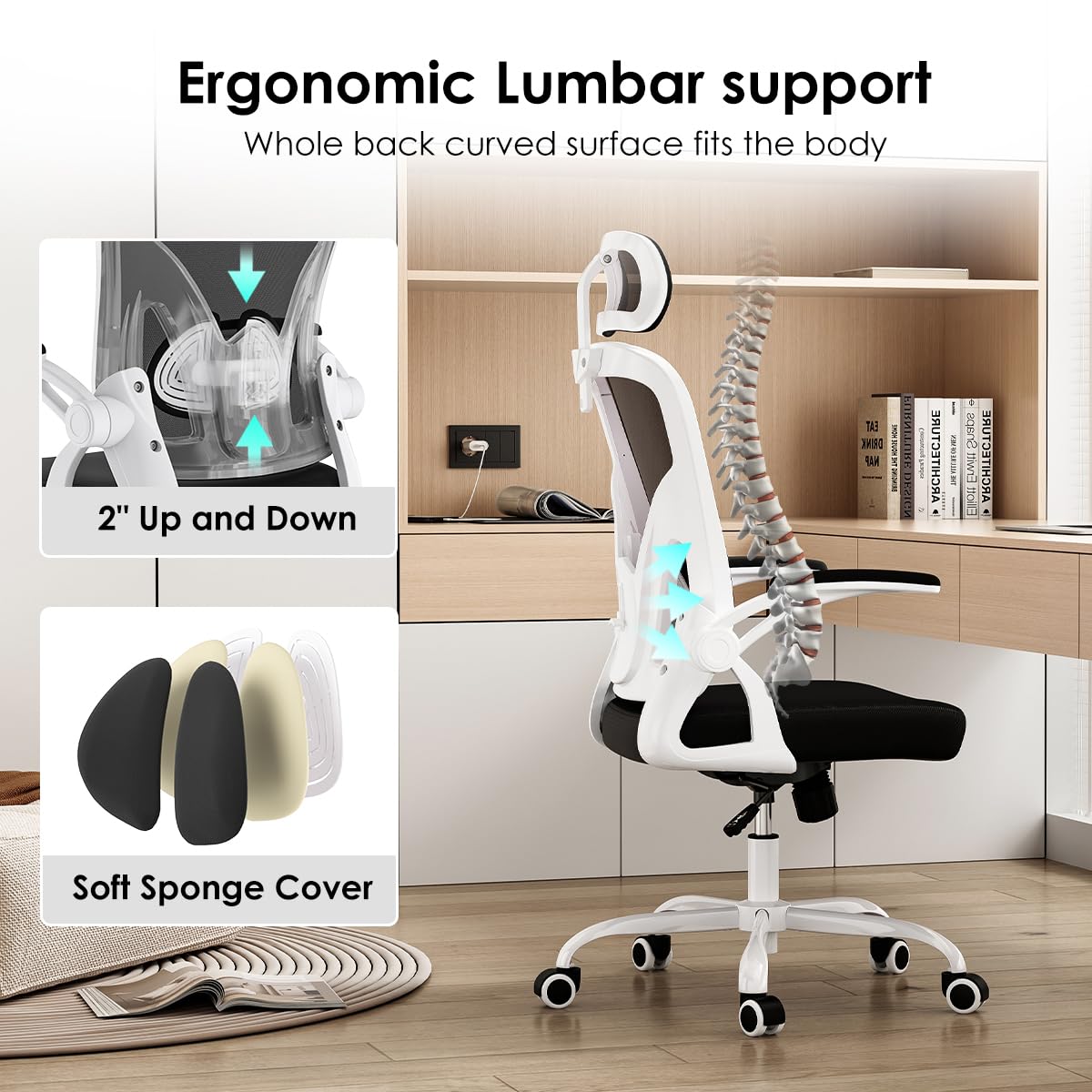 Farini Ergonomic Office Chair - Adjustable High Back Computer Desk Chair with Headrest, Lumbar Support & Flip-Up Armrests for Home Office, Study, Bedroom (White/Black) - Perfect for Long Work Hours, Gaming & Remote Work