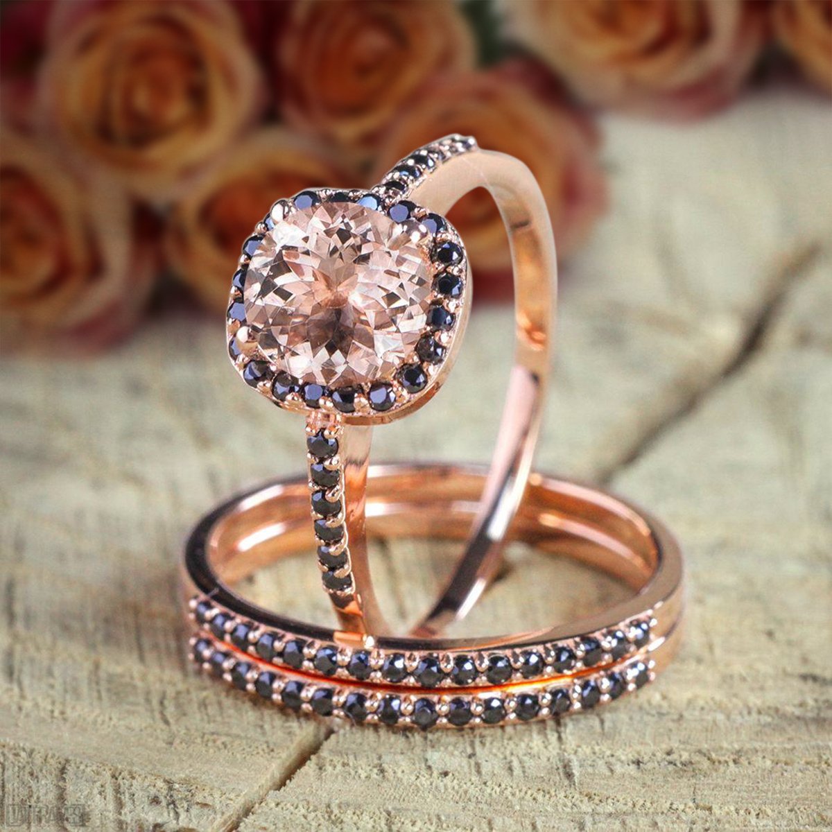 2 Carat Round Cut Morganite & Black Diamond Moissanite Trio Wedding Ring Set in 18k Gold Plating - Elegant Bridal Jewelry for Engagement, Proposal & Anniversary Gifts