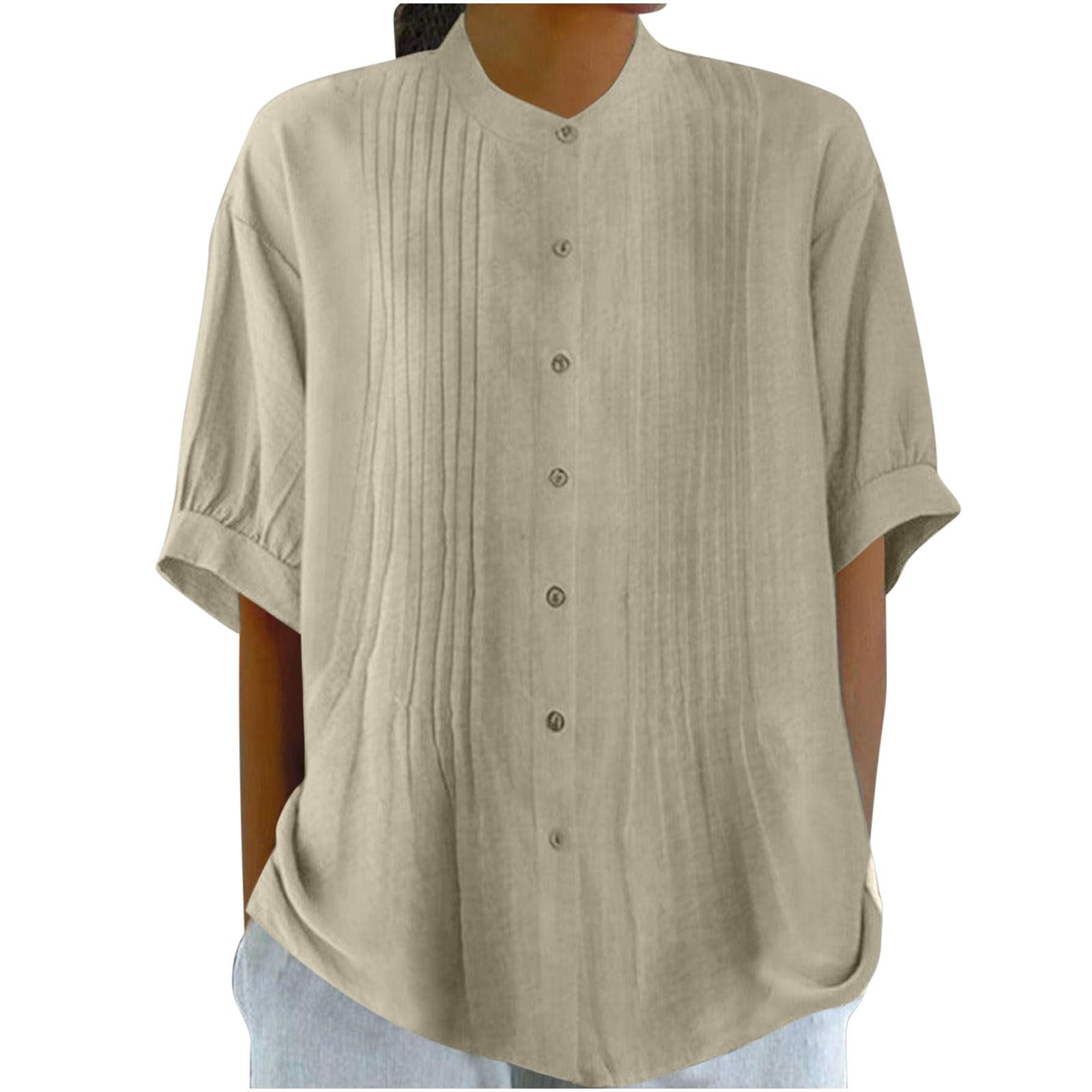 Women's Short Sleeve Cotton Linen Blouse - Crew Neck Casual Tunic Top with Color Block Pleated Design for Summer | Soft Button Down Shirt for Work, Travel & Everyday Wear