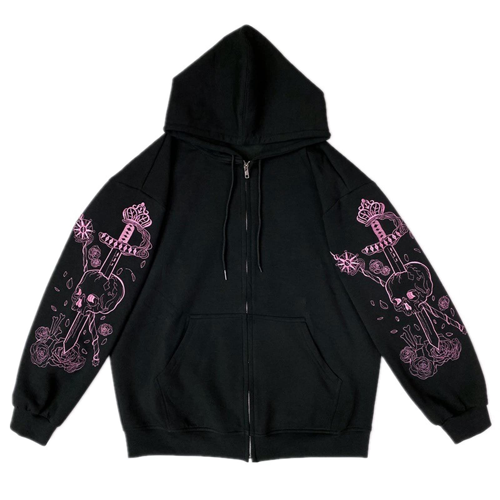 Women's Black Graphic Zip Up Hoodie - Oversized 90s Y2K Streetwear Hooded Sweatshirt | Casual Outfit, Street Style, E-Girl Fashion, Layering Essential for Cool Weather