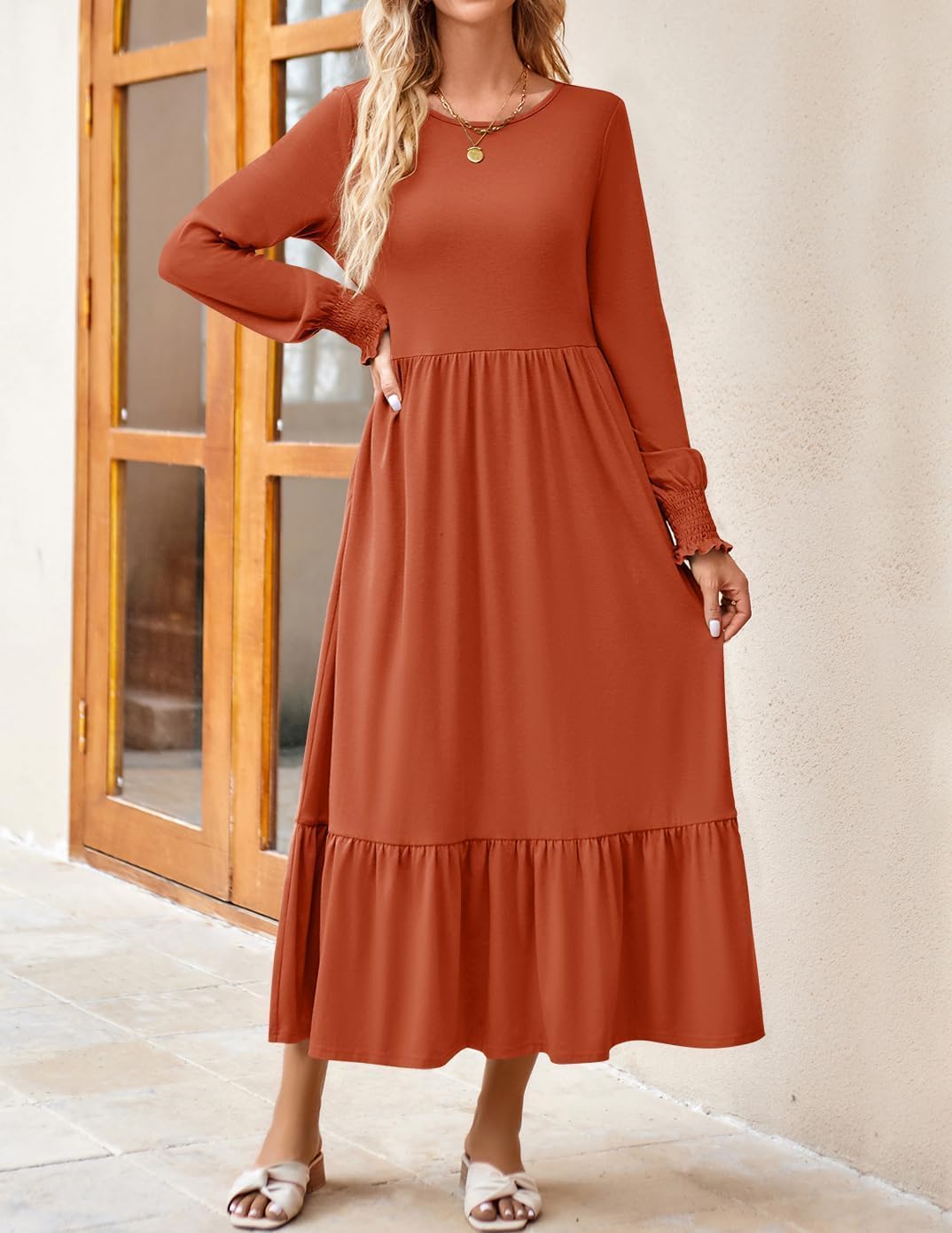 ZESICA Women's Spring Long Sleeve Dress 2025 - Crewneck Casual Loose Pleated Tiered Swing Midi Dress with Pockets | Perfect for Office, Brunch & Spring Outings