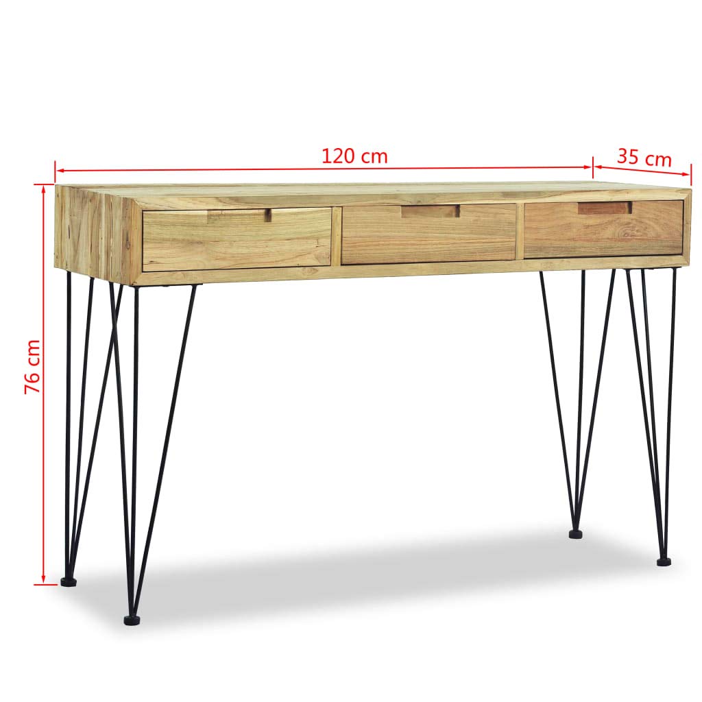 Rustic Industrial Console Table with 3 Drawers - Solid Teak Wood Sofa Table with Iron Legs, 47.2