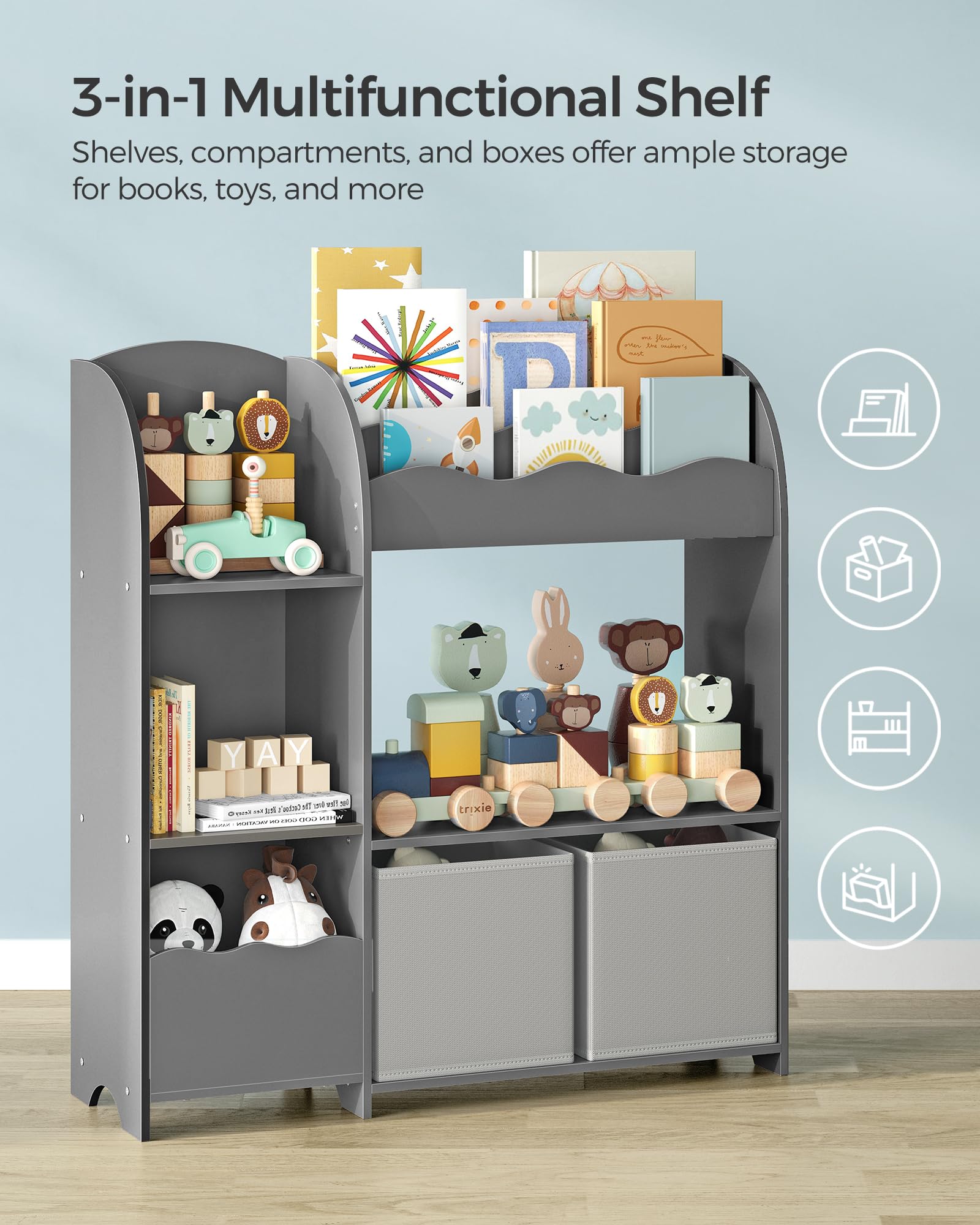 SONGMICS Kids Toy and Book Storage Organizer with 2 Bins - Multifunctional Bookshelf & Toy Organizer for Playroom, Nursery, Living Room - Perfect for Organizing Toys, Books, and Kids' Accessories (Dove Gray, UGKR042G01)