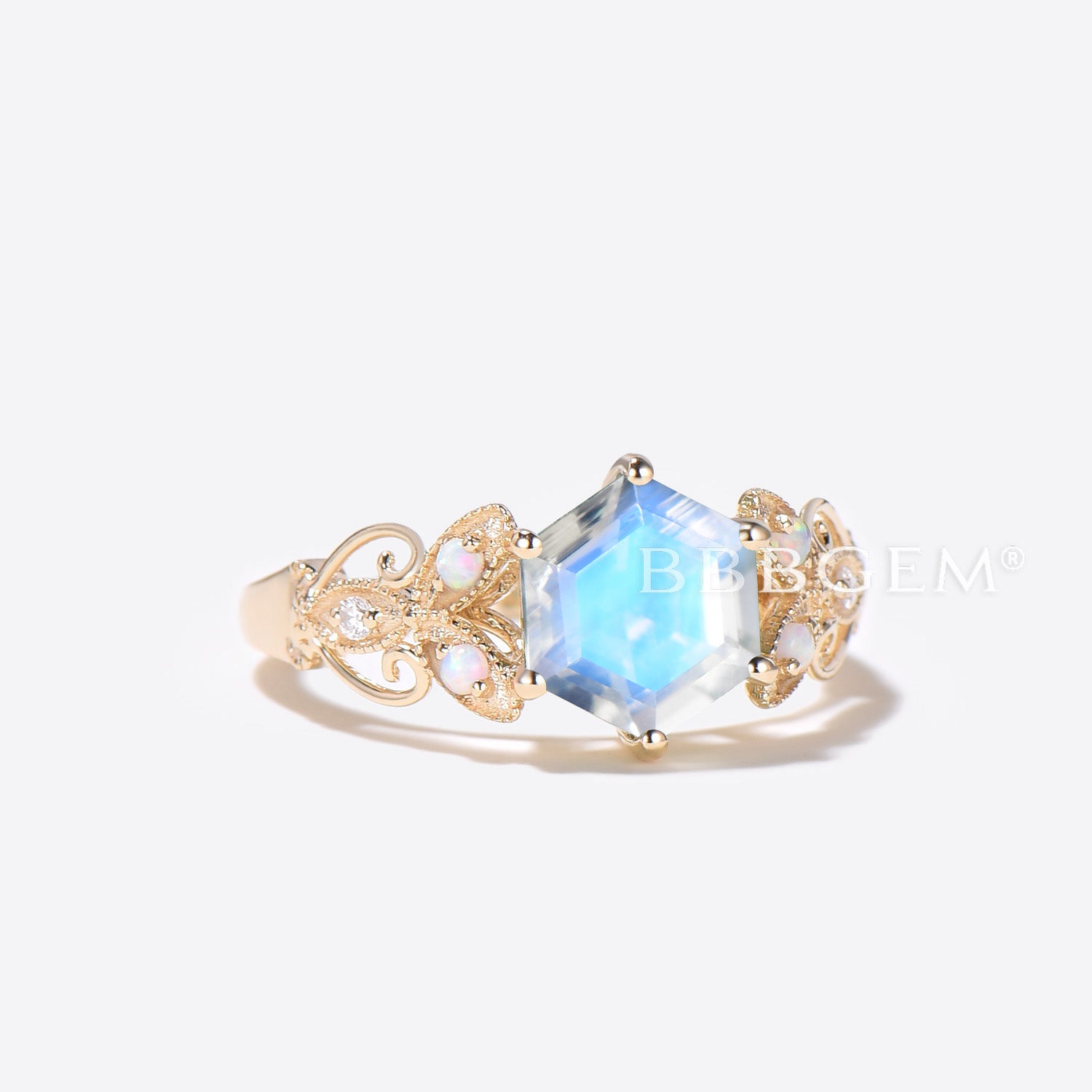 Hexagon Natural Moonstone Ring - 14K Gold Butterfly Engagement Ring for Women, Wedding, Anniversary & Gift | Boho Chic Jewelry for Everyday Wear & Special Occasions