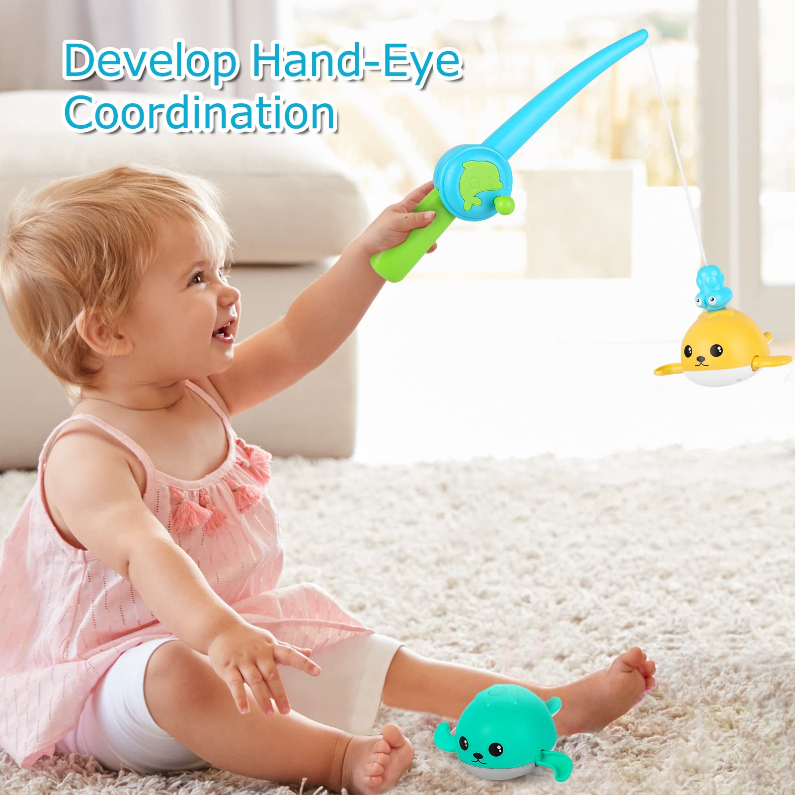 KINDIARY Magnetic Fishing Game for Kids - Baby Bath Toys with Wind-Up Swimming Whales, Fun Educational Pool Toys for Toddlers (Blue/Yellow) - Perfect for Bath Time, Pool Parties & Early Learning Activities