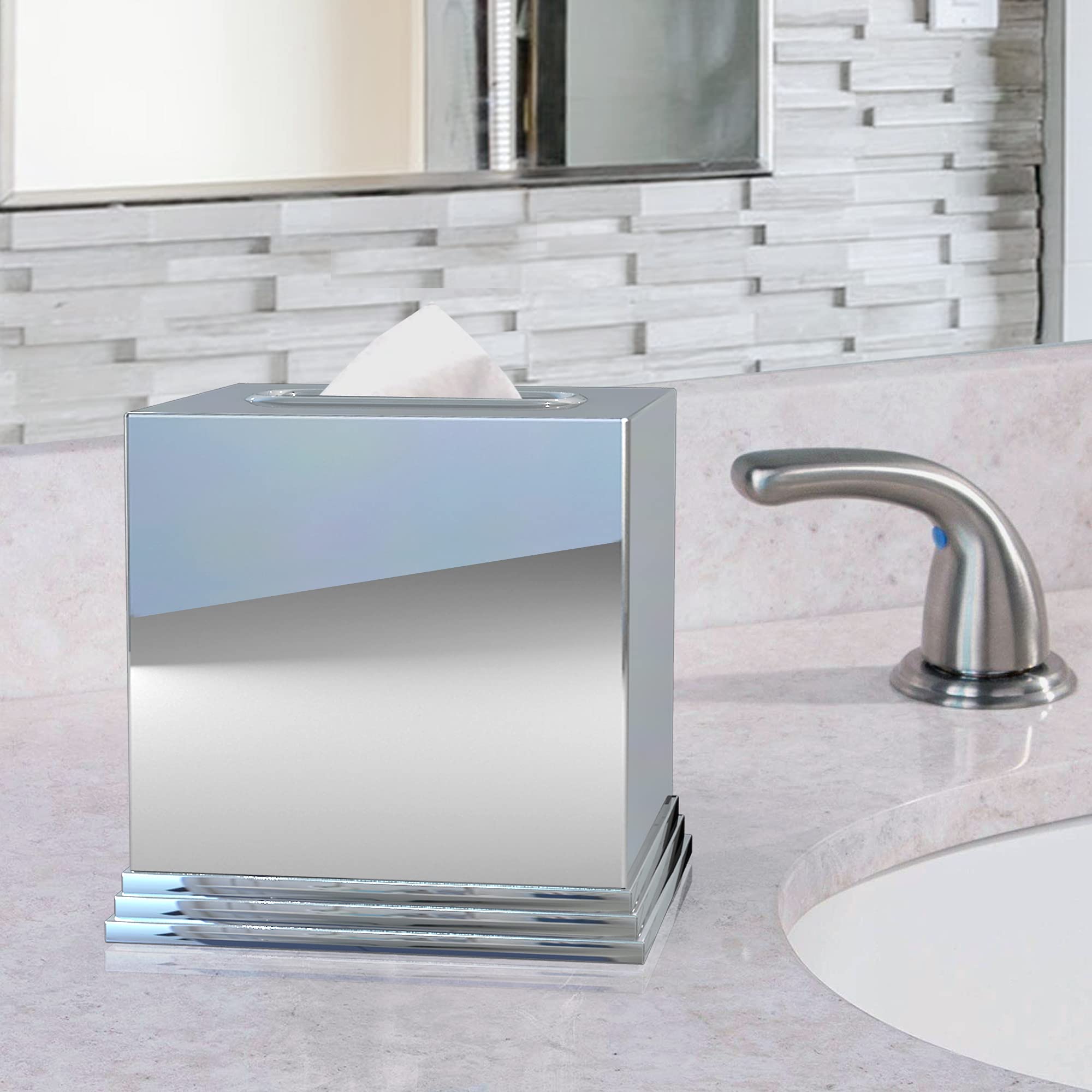 Premium 304 Stainless Steel Square Tissue Box Cover - Elegant Chrome Finish for Bathroom Vanity, Bedroom Dresser, Nightstand & Office Desk | Durable & Stylish Home Decor Accessory | Perfect for Modern Living Rooms, Spas & Hotels