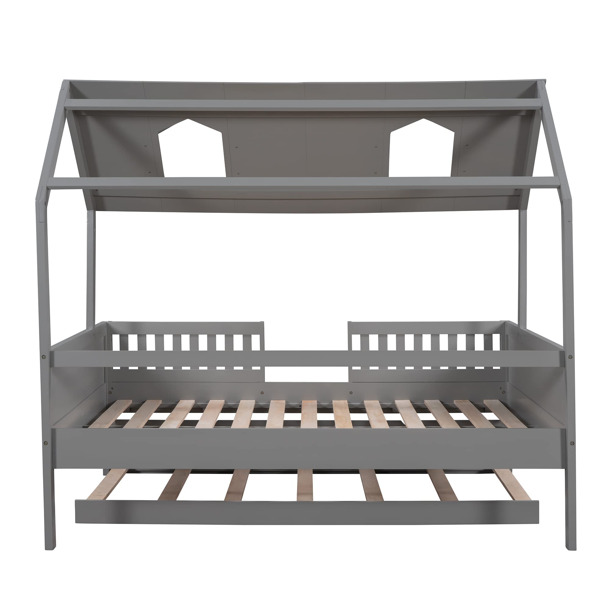 MERITLINE Full House Wooden Platform Bed Frame with Trundle and Roof - Gray Twin/Full Size Kids Bed for Boys & Girls | Perfect for Small Bedrooms, Playrooms and Sleepovers