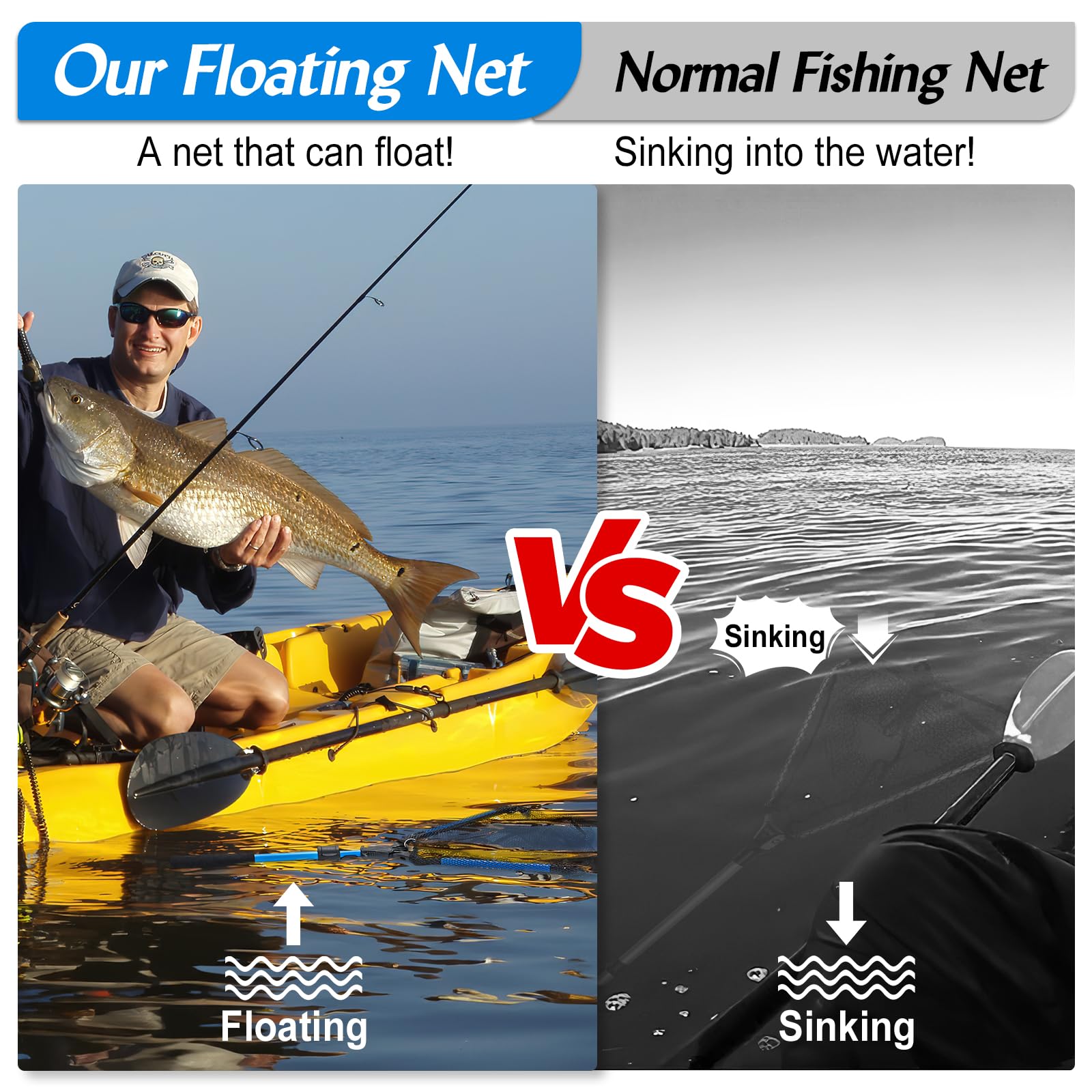 Goture Floating Fishing Landing Net with Built-in Length Scale - Aluminum Telescoping Handle, Rubber Mesh, Foldable & Collapsible Design - Extendable Fish Net for Bass, Trout Fishing - Perfect for Freshwater & Saltwater Angling, Kayak Fishing, and Shore Casting