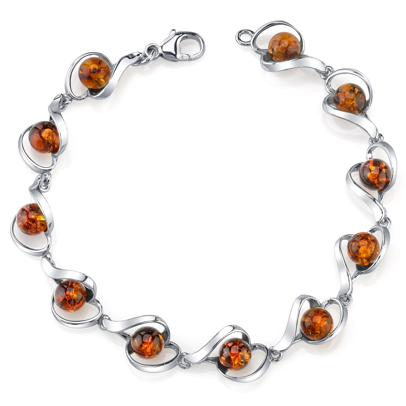 PEORA Genuine Baltic Amber Floating Tennis Bracelet for Women - 925 Sterling Silver, Rich Cognac Color, Round Sphere Shape (11 Pieces, 7.5 Inches) - Real Amber Jewelry for Adults - Perfect for Gifts, Weddings & Everyday Elegance