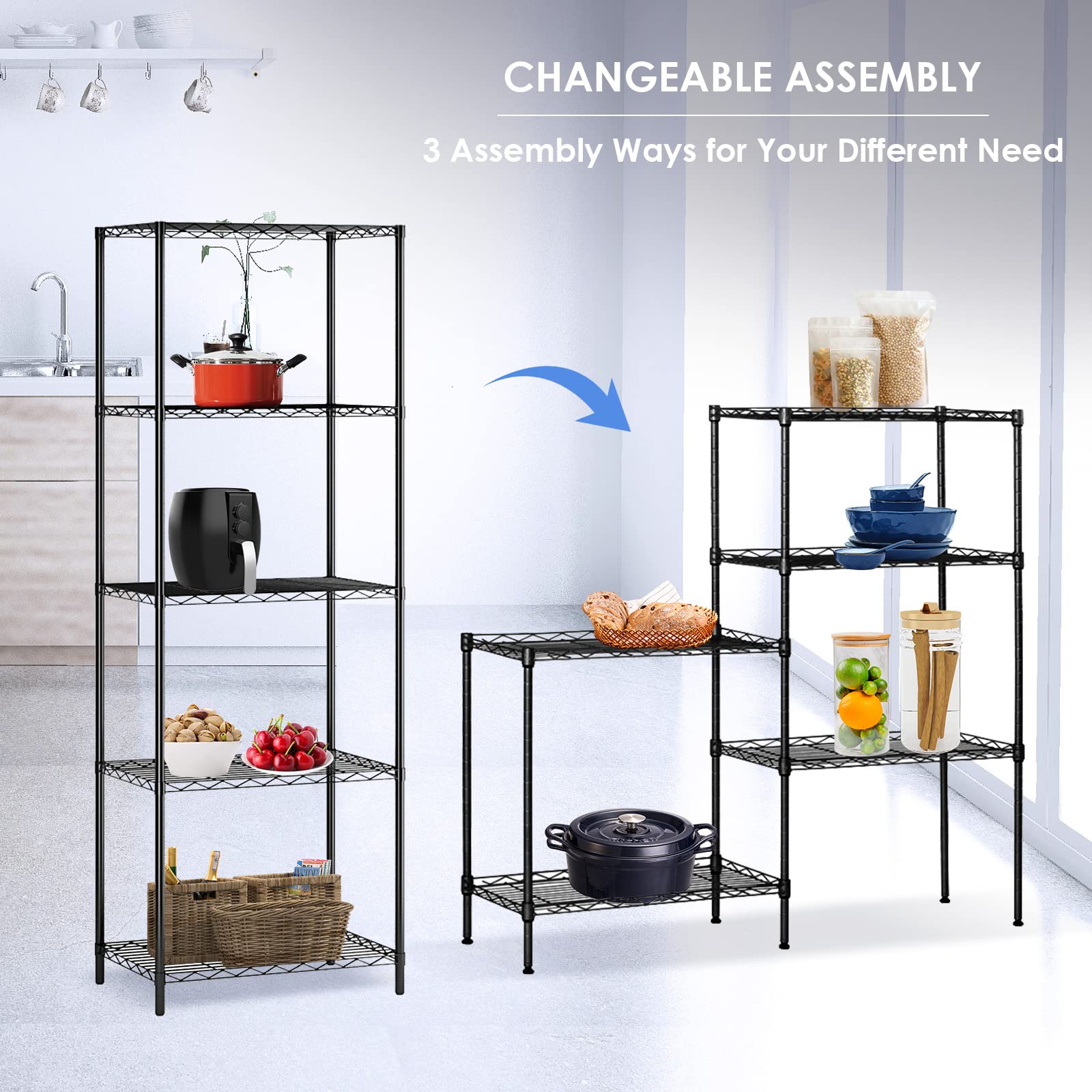 5-Tier Adjustable Wire Shelving Rack - Heavy Duty Metal Storage Shelves with Leveling Feet - 11.5