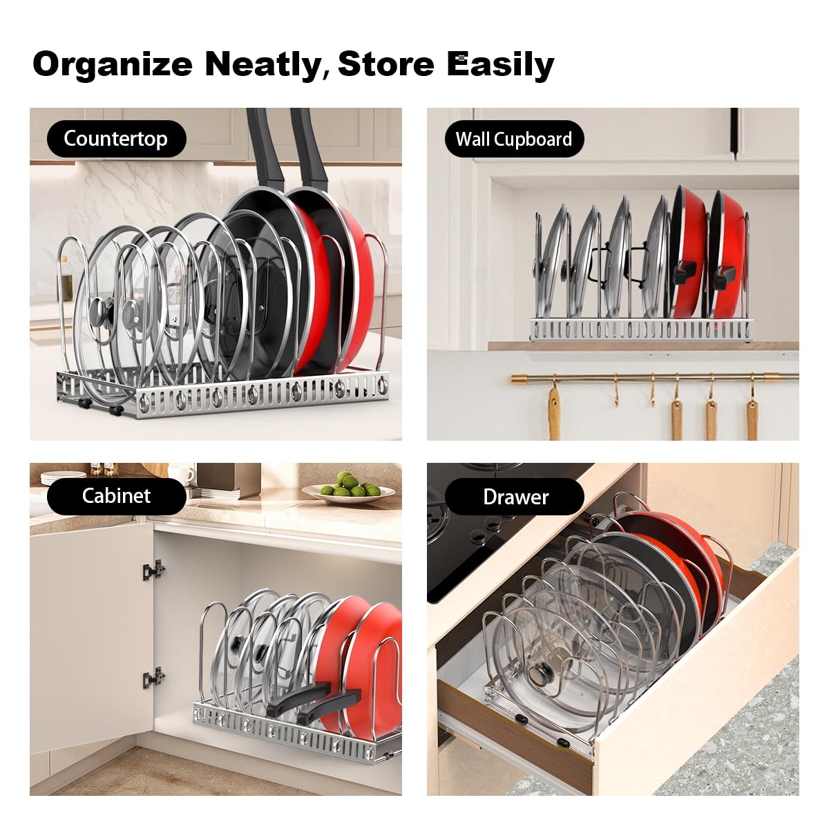 Stainless Steel Pot and Pan Organizer Rack for Kitchen Cabinet - 7 Adjustable Dividers for Pots, Pans & Lids Storage - Space Saving Cabinet Organizer for Cookware (Silver) | Perfect for Small Kitchens, RV Cooking & Organized Pantries
