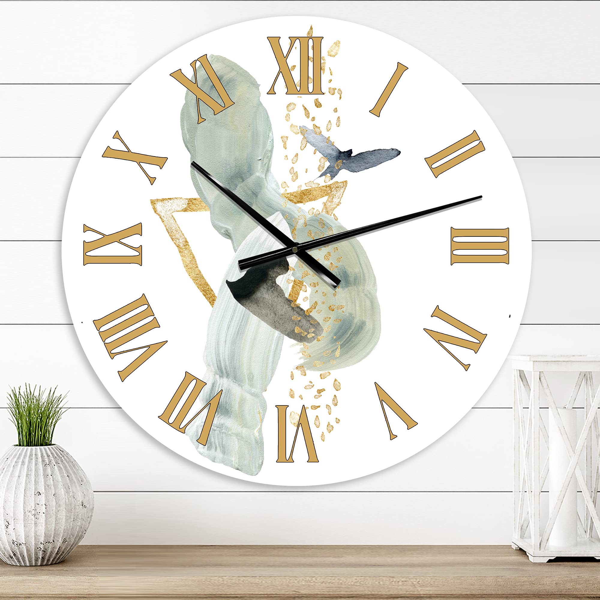 Abstract Golden Mountain with Moon & Bird Wall Clock - Modern Large Fractal Design for Living Room, Bedroom, Office Decor | Silent Non-Ticking Home & Office Wall Art