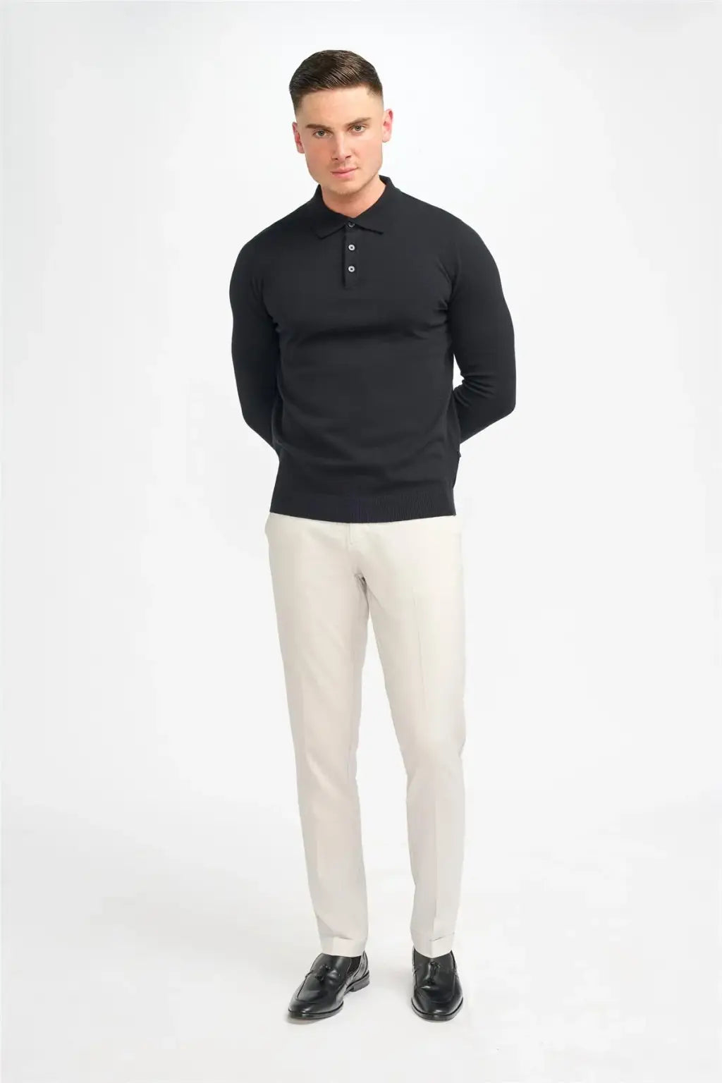 Cavani Men's Boom Plain Long Sleeve Polo Shirt - Classic Casual Slim Fit Button Down Collar Top for Business, Office & Outdoor Activities