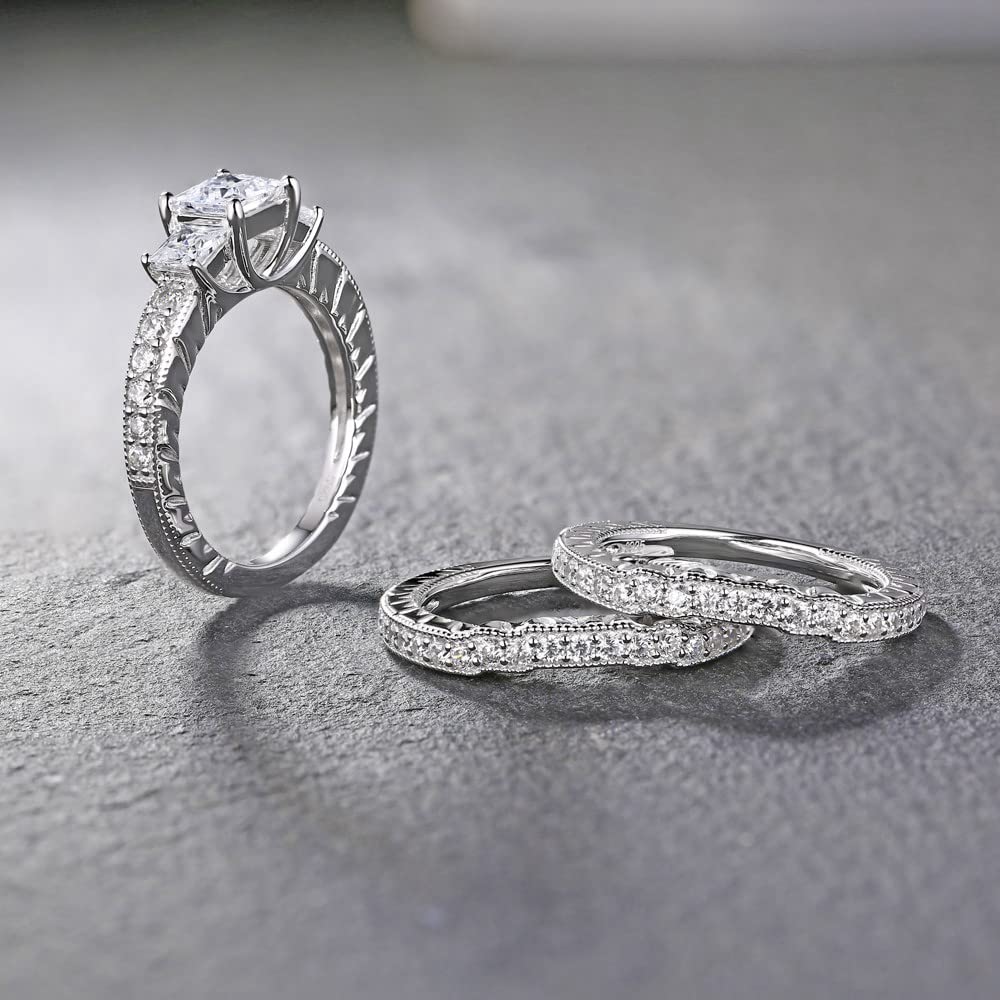 2.8 Ctw Moissanite Princess Cut Wedding Ring Set for Women - Platinum Plated Silver 3-Piece Bridal Set with 3 Stones - Engagement & Anniversary Promise Rings - Perfect for Proposals, Weddings, and Special Occasions