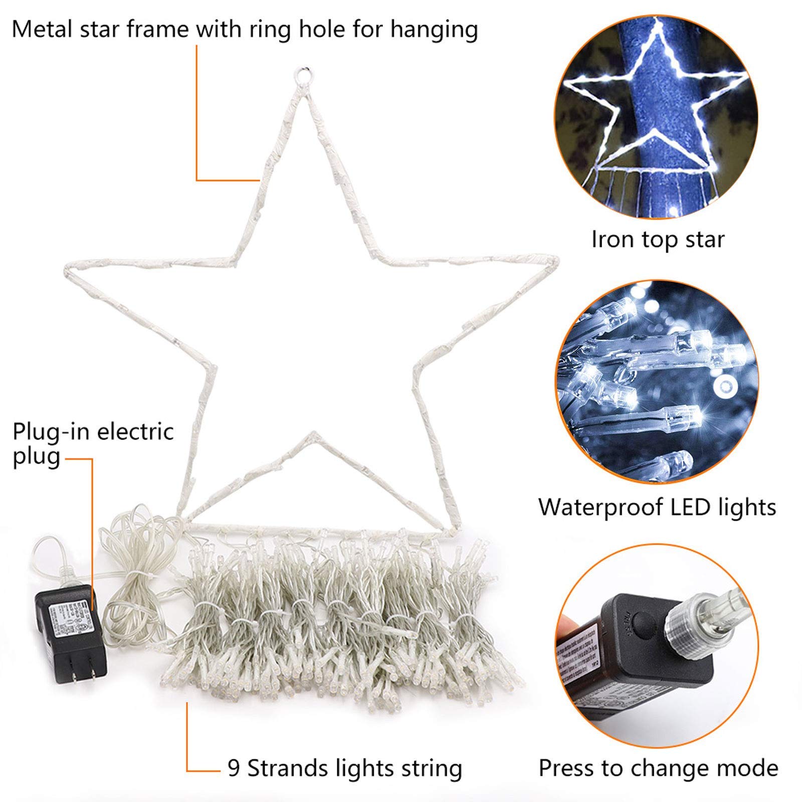 FUNIAO 320 LED Outdoor Christmas Star Lights - Waterfall Tree Lights with 8 Lighting Modes for Xmas Decorations | Perfect for Outdoor Tree, Wall, Yard, Wedding & Party Decor (White)