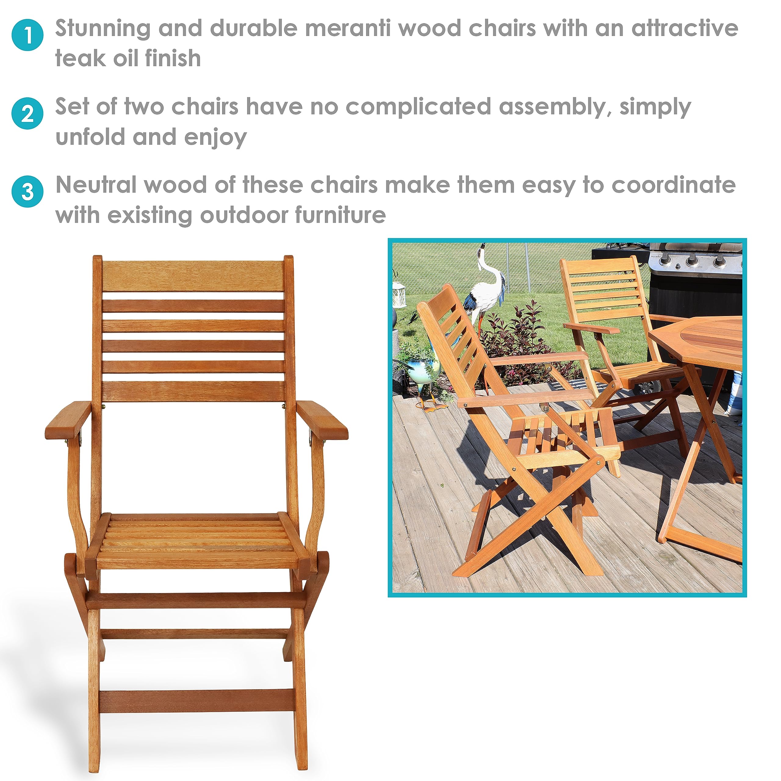 Sunnydaze Meranti Wood Outdoor Folding Patio Armchairs Set of 2 - Teak Oil Finish - Perfect for Garden, Poolside & Backyard Relaxation