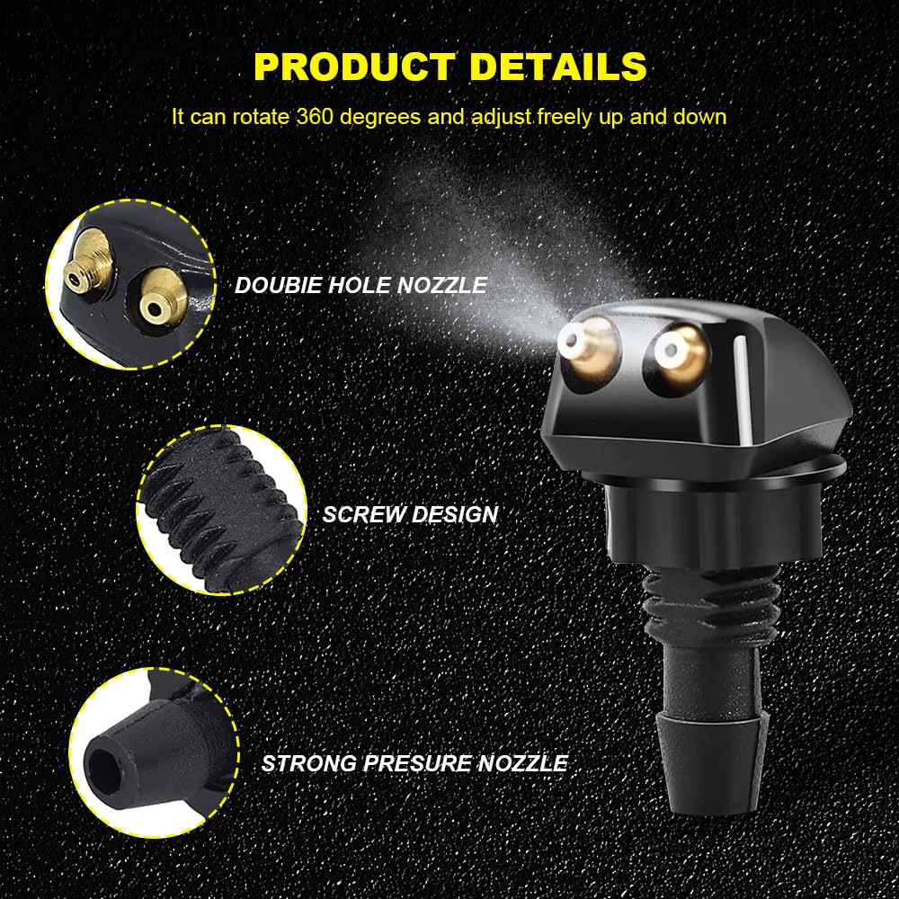 2-Pack Universal Windshield Washer Nozzles with Fluid Hose - Car Wiper Spray Nozzle Replacement Kit for Most Vehicles - Perfect for DIY Car Maintenance & Winter Driving Safety