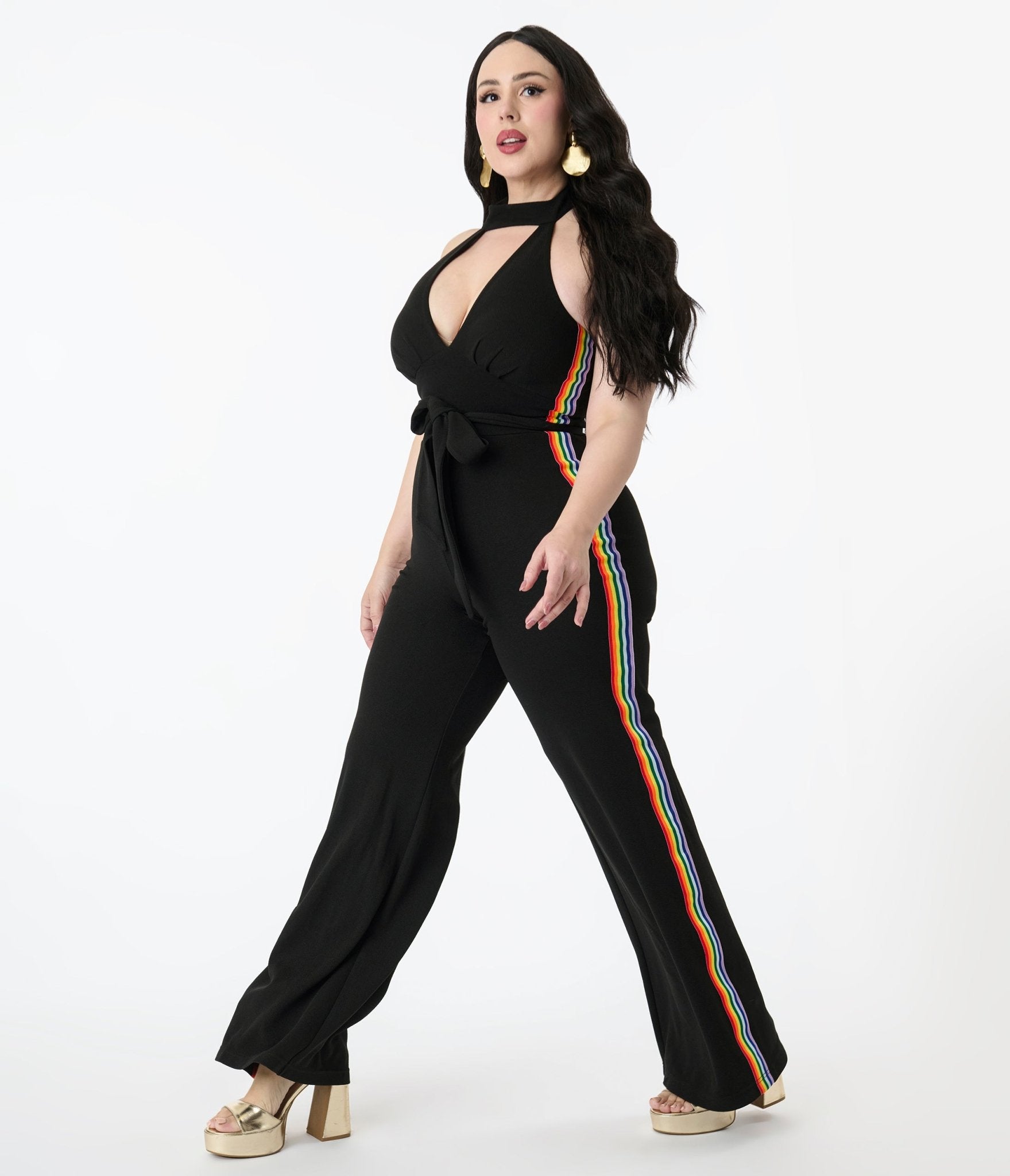 Smak Parlour Plus Size Black Rainbow Stripe Glamour Goddess Jumpsuit for Women - Trendy & Comfortable Outfit for Parties, Night Out & Special Occasions