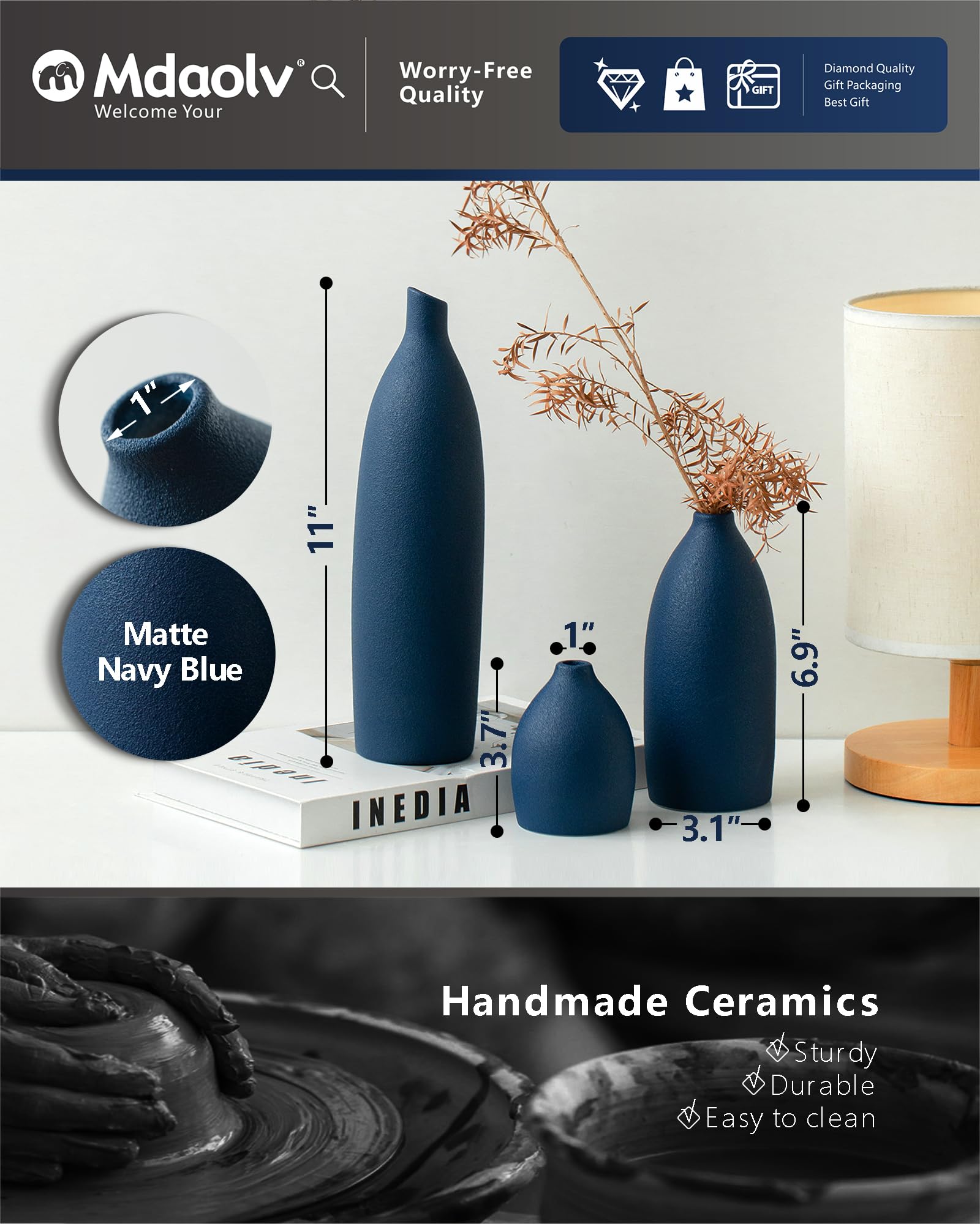 Matte Blue Ceramic Vase Set - Navy Blue Coastal Decor for Kitchen Island, Living Room, Office Table, Fireplace Mantel & Bathroom Shelf - Perfect Centerpiece for Home Decor and Gift Giving