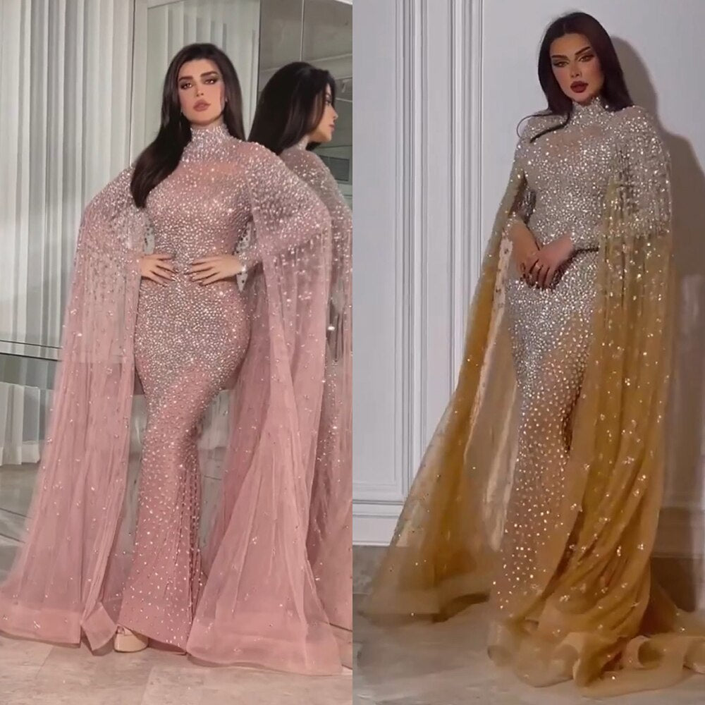 Serene Hill Muslim Gold Mermaid Elegant Cape Sleeves Beaded Luxury Dubai Long Evening Dresses Gowns 2025 For Women - Perfect for Weddings, Galas, and Formal Parties