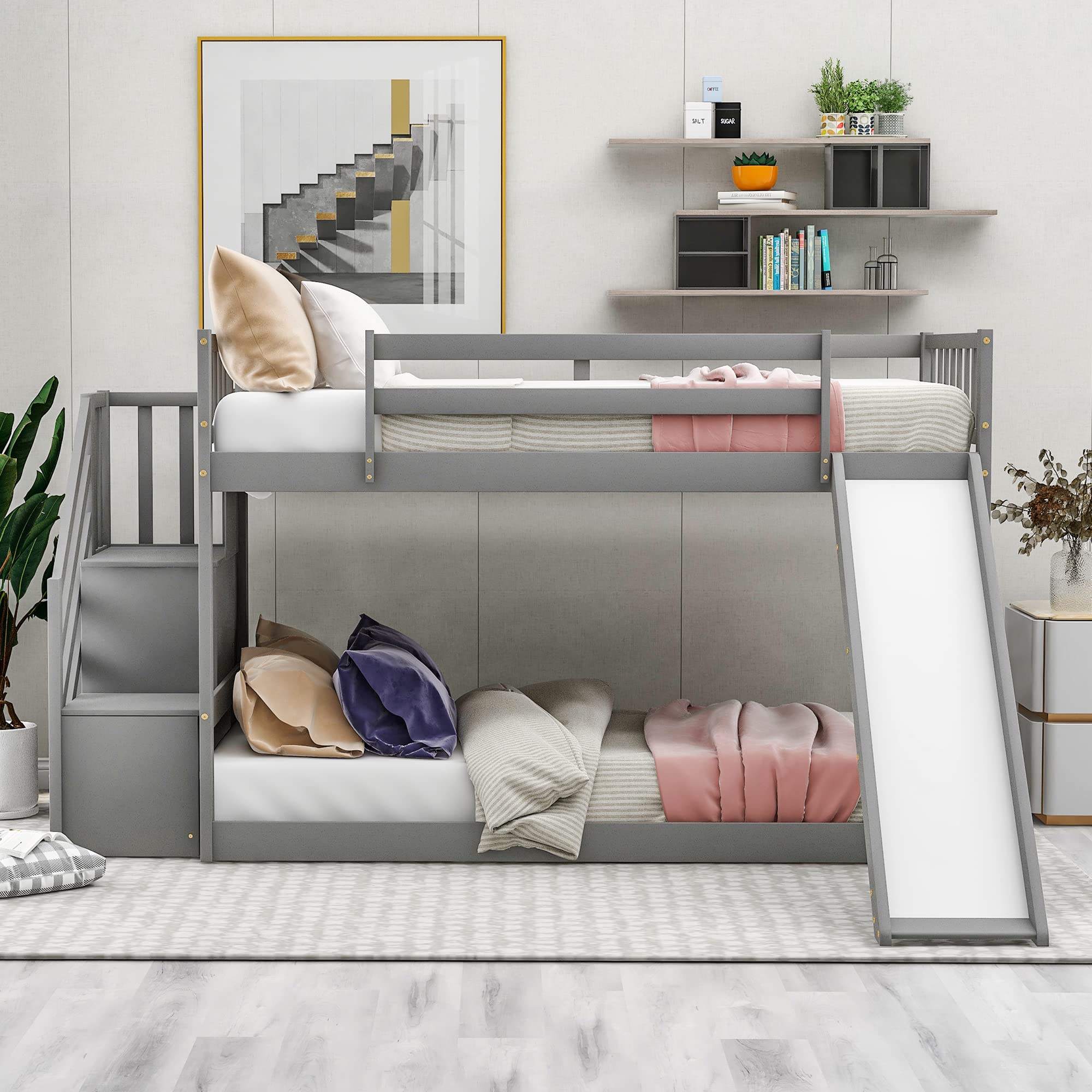 Twin Size Bunk Bed with Stairway & Convertible Slide - Wooden Bunk Bed Frame with Safety Guardrails, No Box Spring Needed, Space-Saving Gray Twin Over Twin Bunk Bed for Kids' Bedroom, Guest Room or Small Space