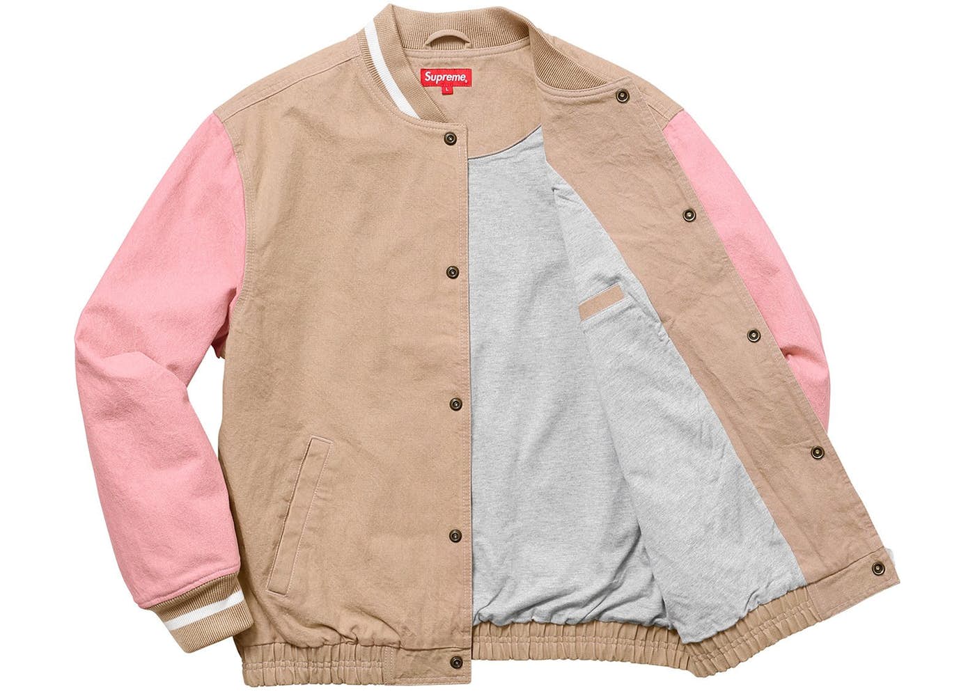 Supreme Denim Varsity Jacket in Tan - Stylish Vintage-Inspired Baseball Jacket for Men & Women | Perfect for Streetwear, Casual Outfits & Retro Fashion Looks