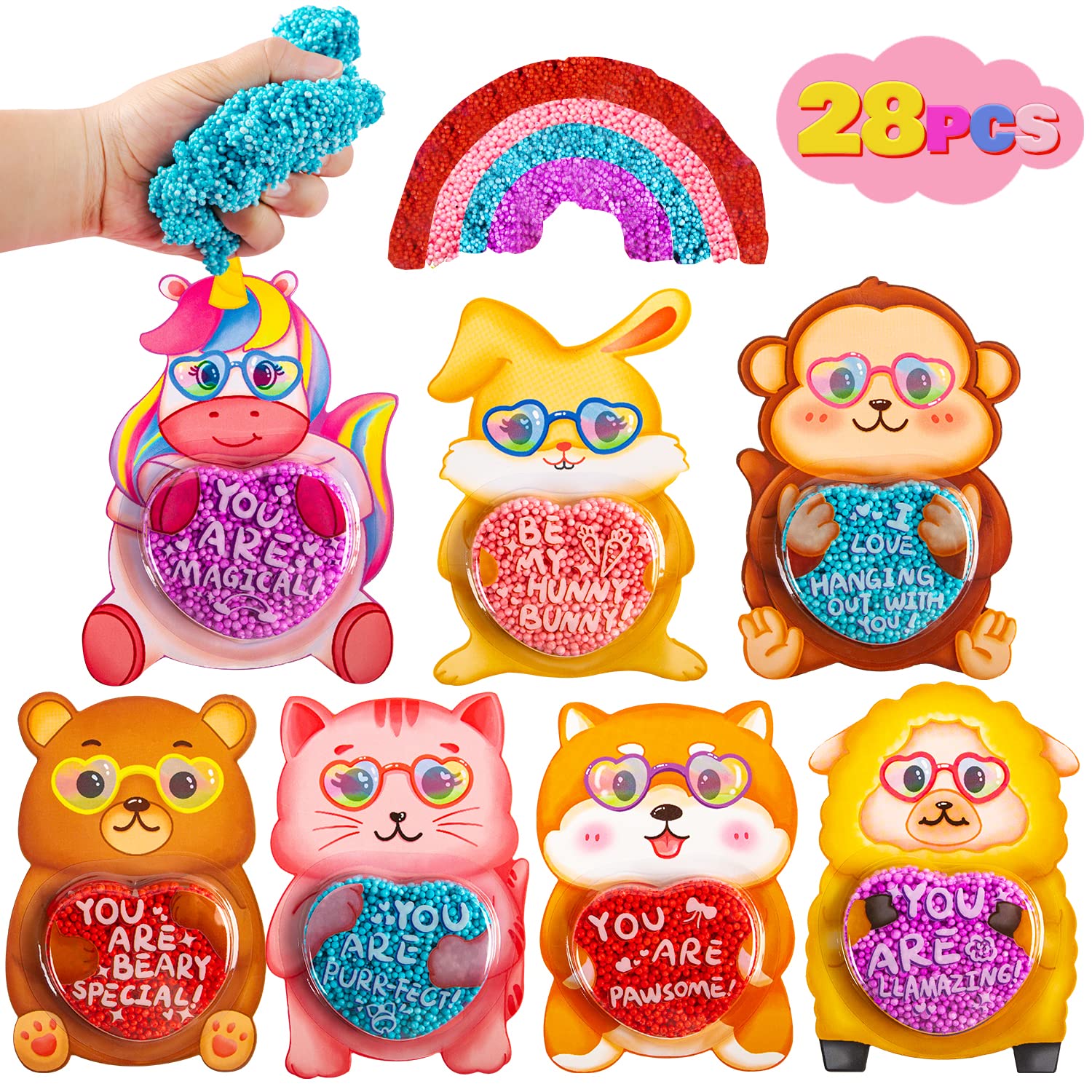 28 Pack Valentine's Day Gift Cards with Colorful Foam Squishy Slime - Perfect for School Classroom Valentine Exchange & Party Favors | Fun DIY Greeting Cards for Kids