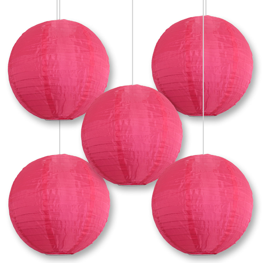 5 Pack Hot Pink Shimmering Nylon Lanterns - Even Ribbing, Durable Hanging Decor for Parties, Weddings & Outdoor Events