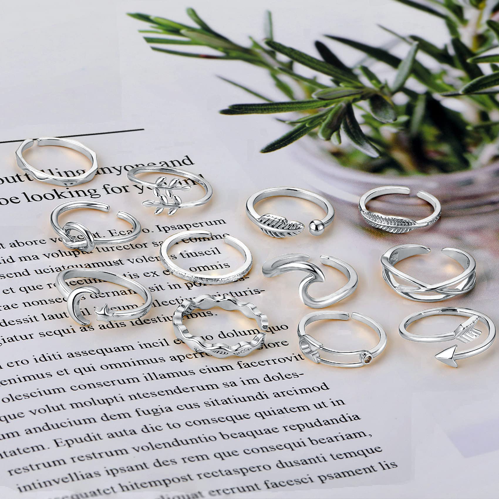 12PCS Adjustable Rings for Women - Silver Arrow Knot Wave Star Moon Open Stackable Rings Set | Trendy Thumb & Finger Rings for Teens | Perfect for Everyday Wear, Gifts & Layering