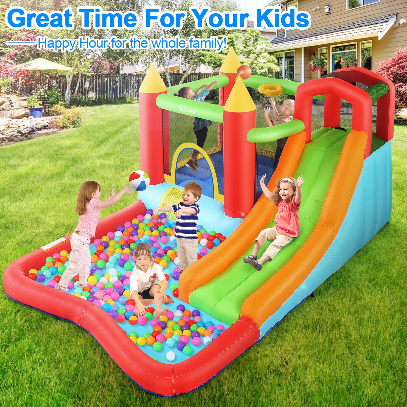 Inflatable Bounce House for Kids 3-12 - Outdoor/Indoor Bouncy Castle with Blower, Water Slide, Climbing Wall & Ball Pit - 146