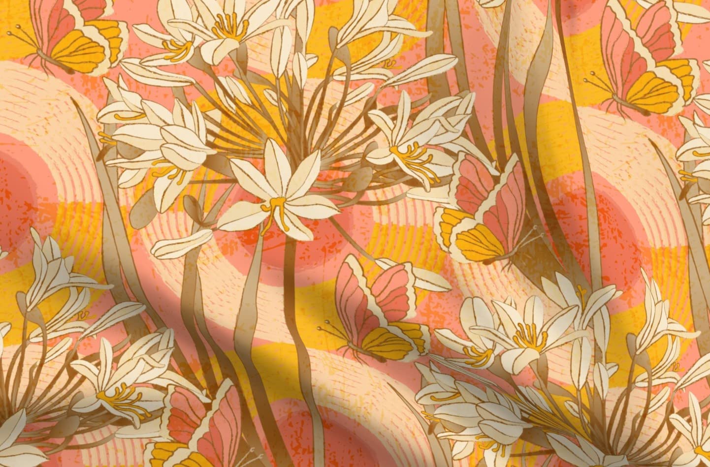 Morning Pink Flower Yellow Sunset Butterfly Printed Minky Fabric Fat Quarter - Soft Plush for Sewing Baby Blankets, Quilt Backing & Home Decor | DIY Nursery Projects & Cozy Throw Blankets