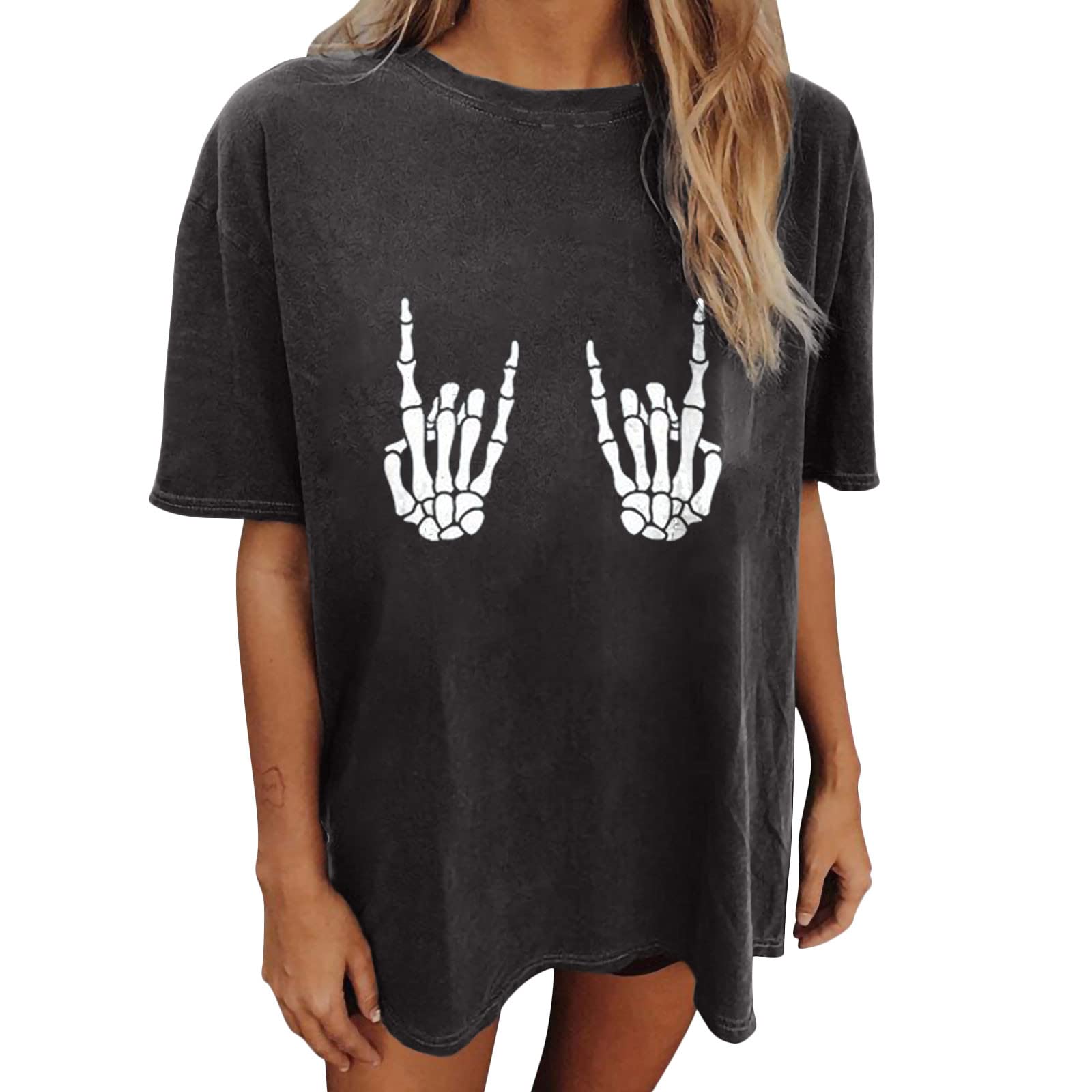 Vintage Women's Skull Hand Graphic Tee - Oversized Grunge Short Sleeve Crewneck T-Shirt for Casual Wear & Halloween Outfits | Gothic Fashion, Streetwear, Festival Style