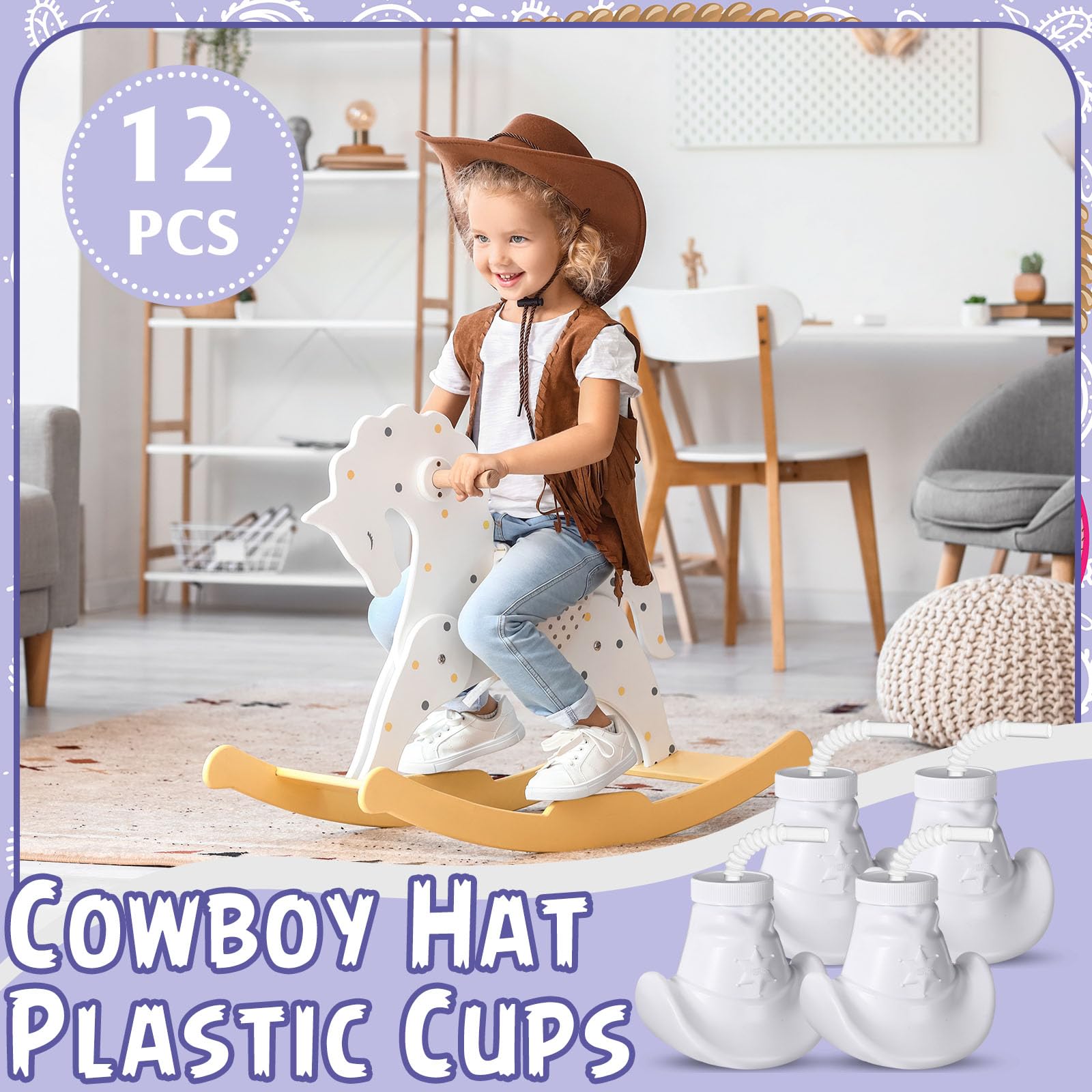 12 Pack Cowboy Hat Party Cups with Straws & Lids - 10oz Western Themed Plastic Cups for Rodeo, Cowgirl Birthday, and Wild West Party Decorations - Perfect for BBQ, Country Weddings, and Themed Events (White)