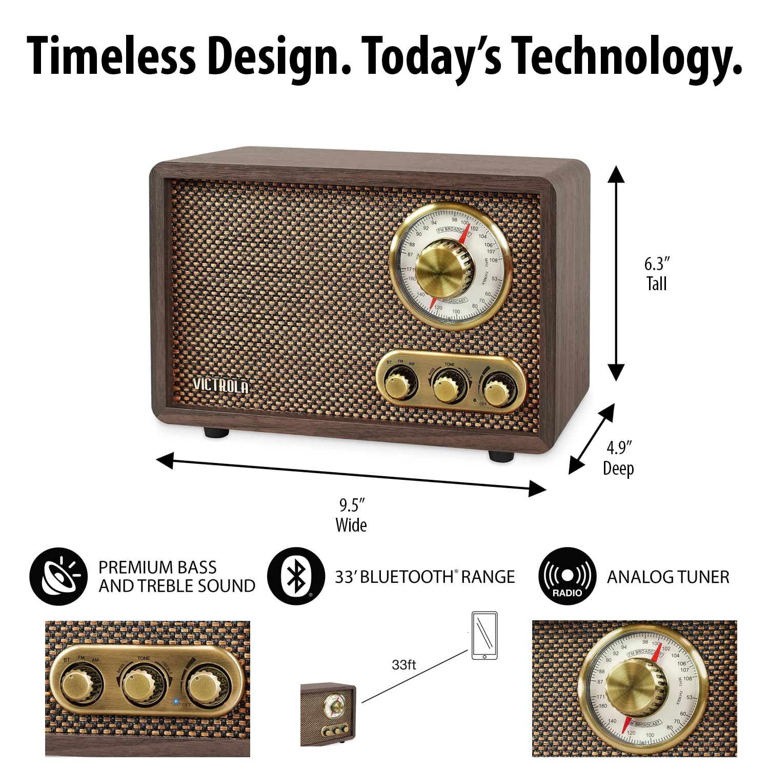 Victrola Retro Wood Bluetooth Radio with Built-in Speakers - Vintage AM/FM Wireless Streaming Radio with Rotary Dial in Espresso Finish | Perfect for Home, Office & Outdoor Use