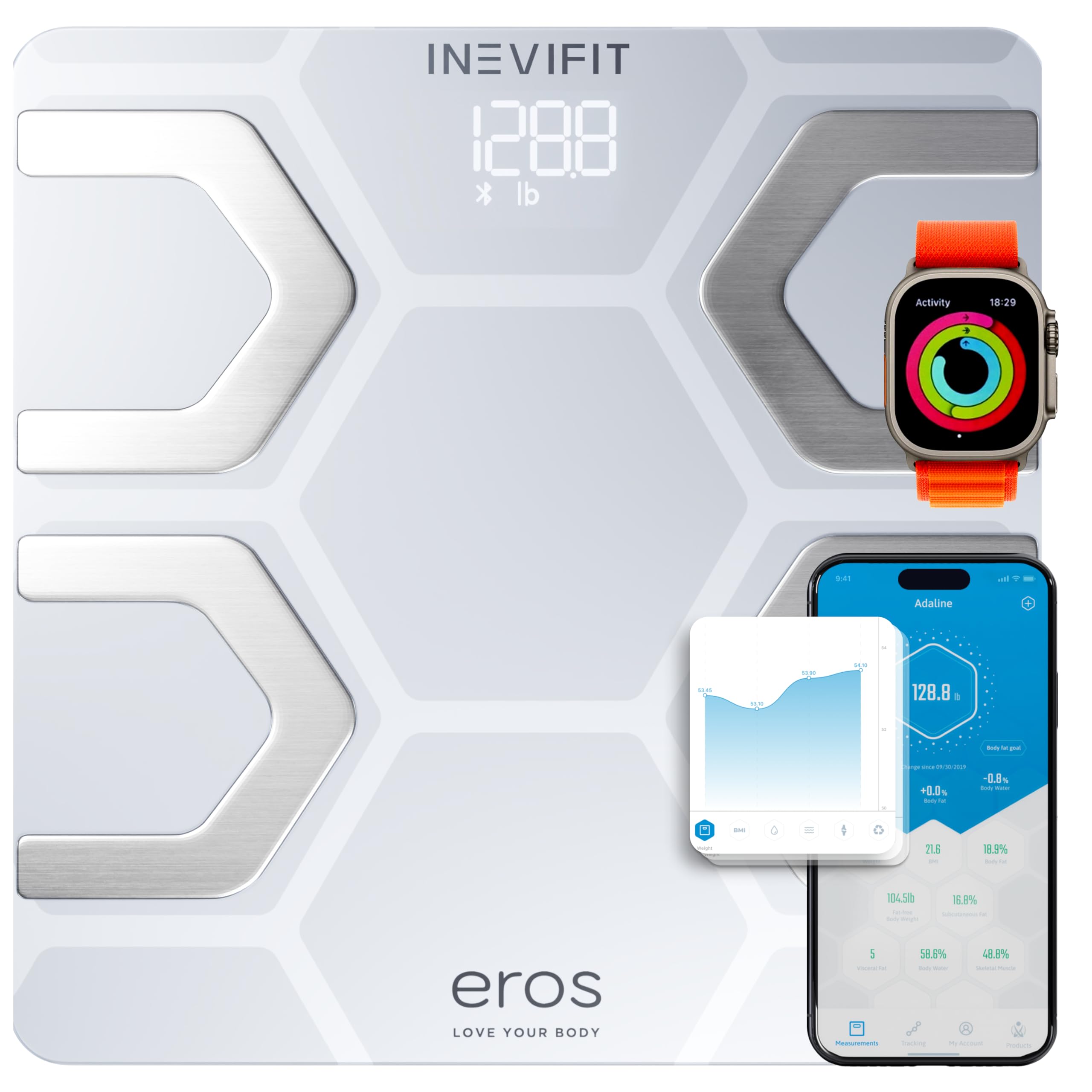 INEVIFIT EROS Bluetooth Smart Scale - Digital Body Fat & BMI Analyzer with Wireless App, Highly Accurate Bathroom Weight Scale for Health Tracking, 400 lbs Capacity, 11.8 x 11.8 Inches (White) - Perfect for Home Gym, Fitness Enthusiasts & Weight Loss Journeys