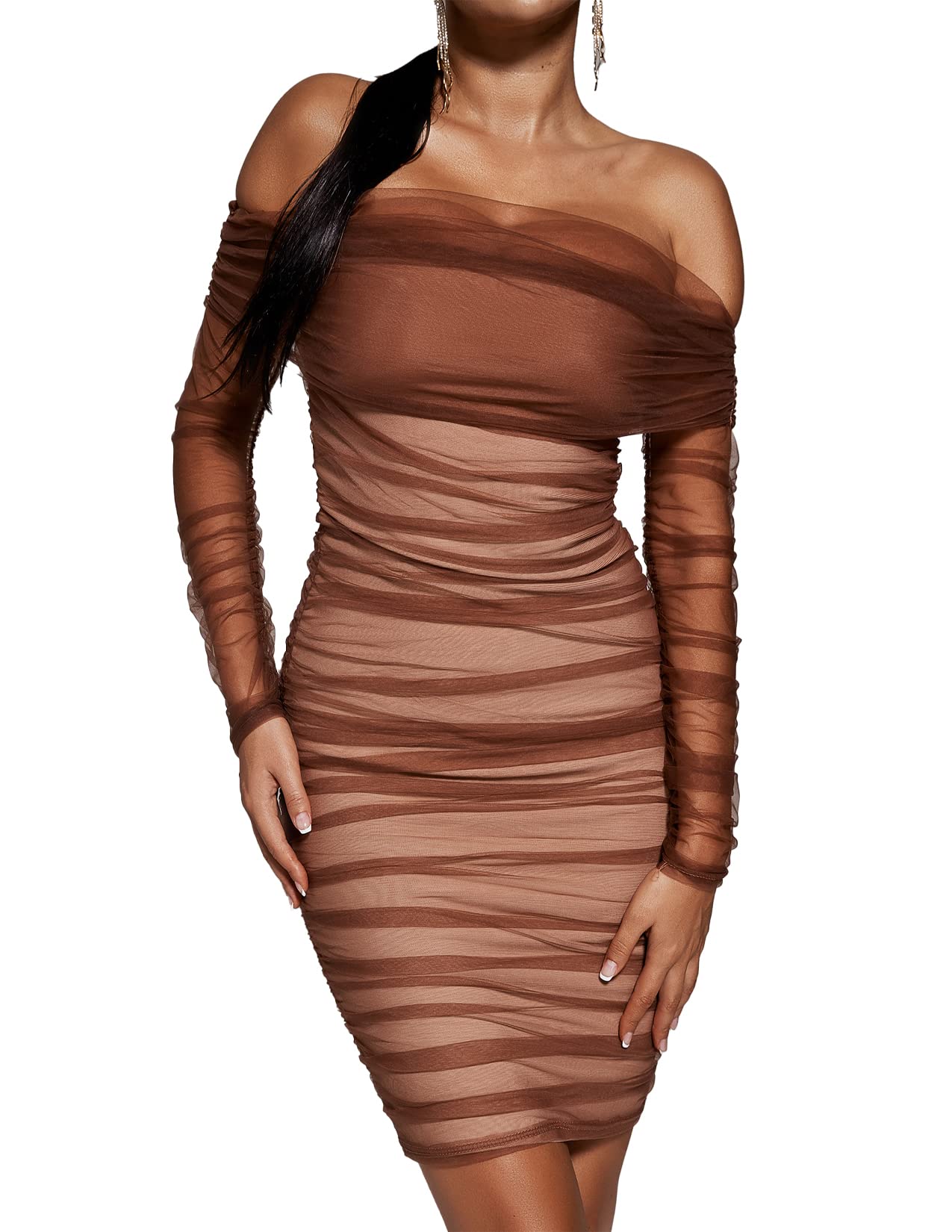BELLA BARNETT Sexy Ruched Bodycon Dress - Long Sleeve Midi Dress for Wedding Guest, Party, or Date Night | Off Shoulder Formal Dress for Women | Elegant & Classy Outfit for Special Occasions