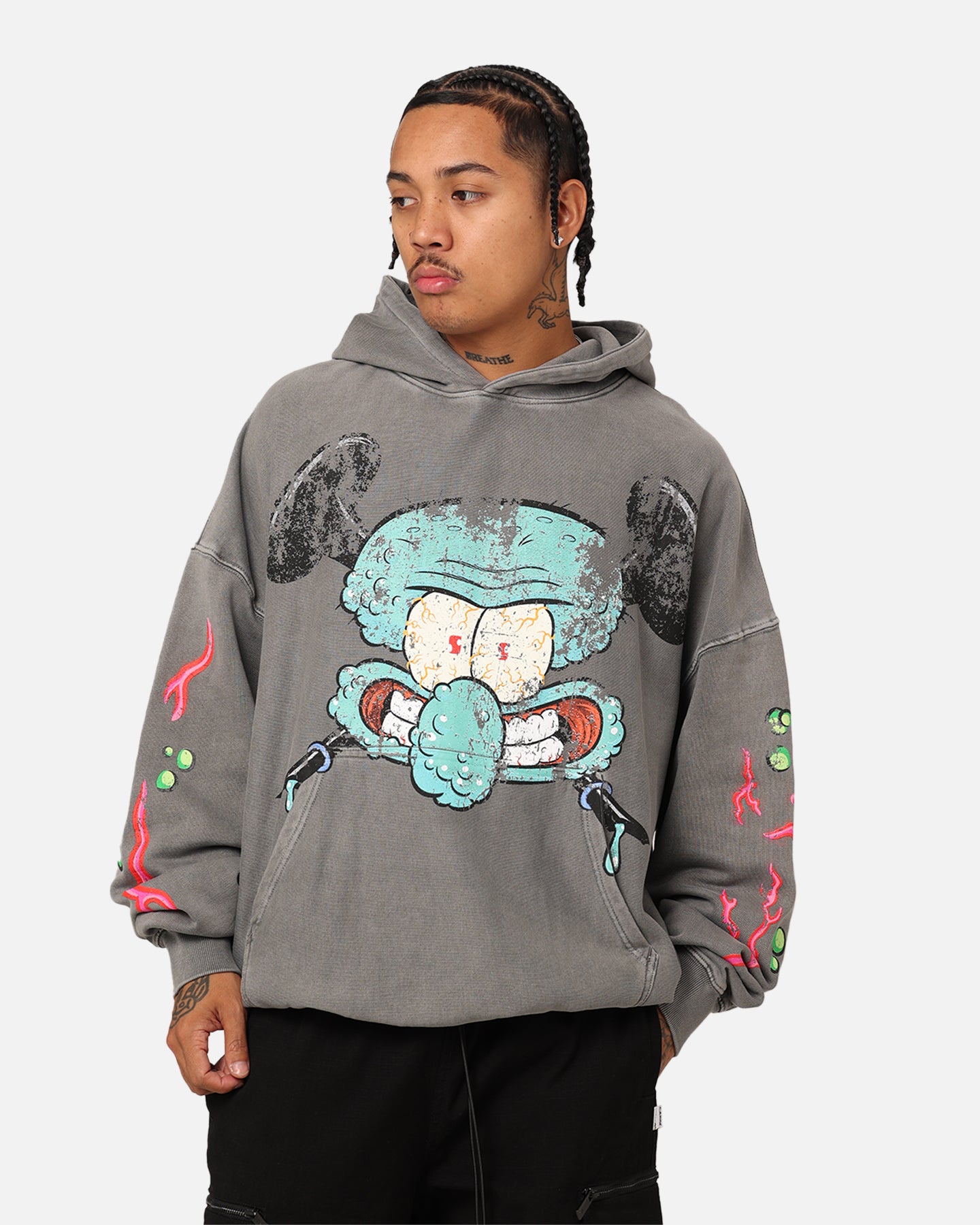 SpongeBob SquarePants Squidward Hoodie - Washed Charcoal Pullover Sweatshirt for Men & Women | American Thrift Style | Perfect for Cosplay, Halloween, and Casual Wear
