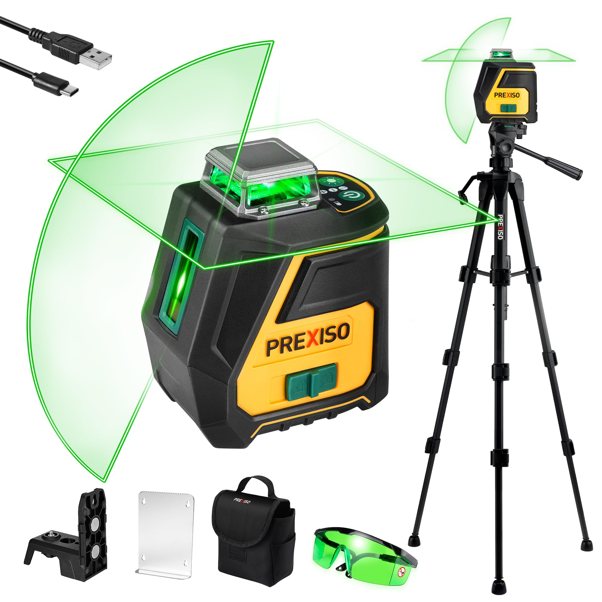 PREXISO 360° Self-Leveling Green Laser Level with Tripod - IP54 Waterproof Rechargeable Cross Line Laser, 100Ft Range & 3 Brightness Adjustments for Construction, Floor Tiling, Wall Alignment - Perfect for Home Renovation, DIY Projects and Professional Building Work