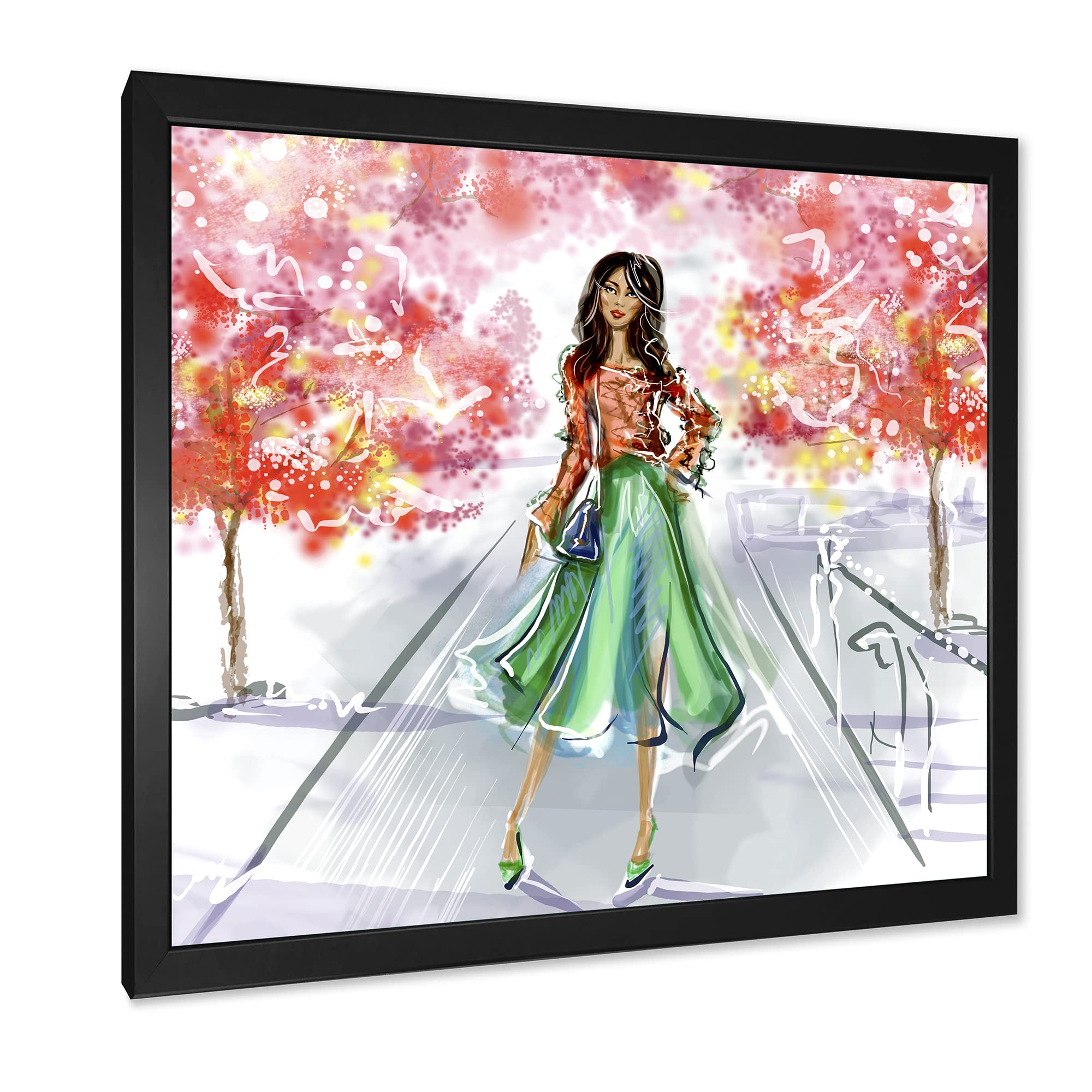 DesignQ Traditional Framed Wall Art - Beautiful Girl Wearing Fashionable Clothes in Park - Perfect for Living Room, Bedroom & Office Decor