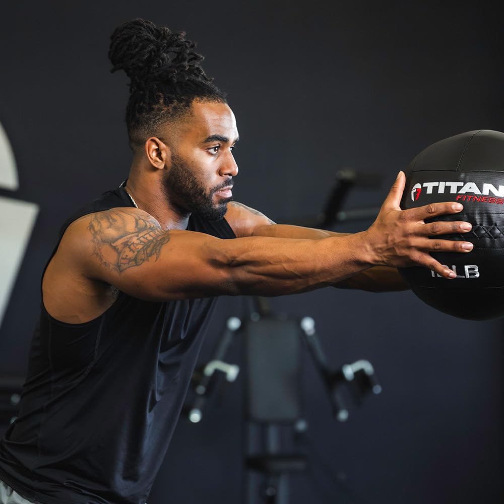Titan Fitness 18 LB Composite Wall Ball - Soft Shell Poly-Composite Medicine Ball with Non-Slip Cross Texture Grip for Core Training, Full-Body Workouts, CrossFit, Functional Fitness & Home Gym Exercises