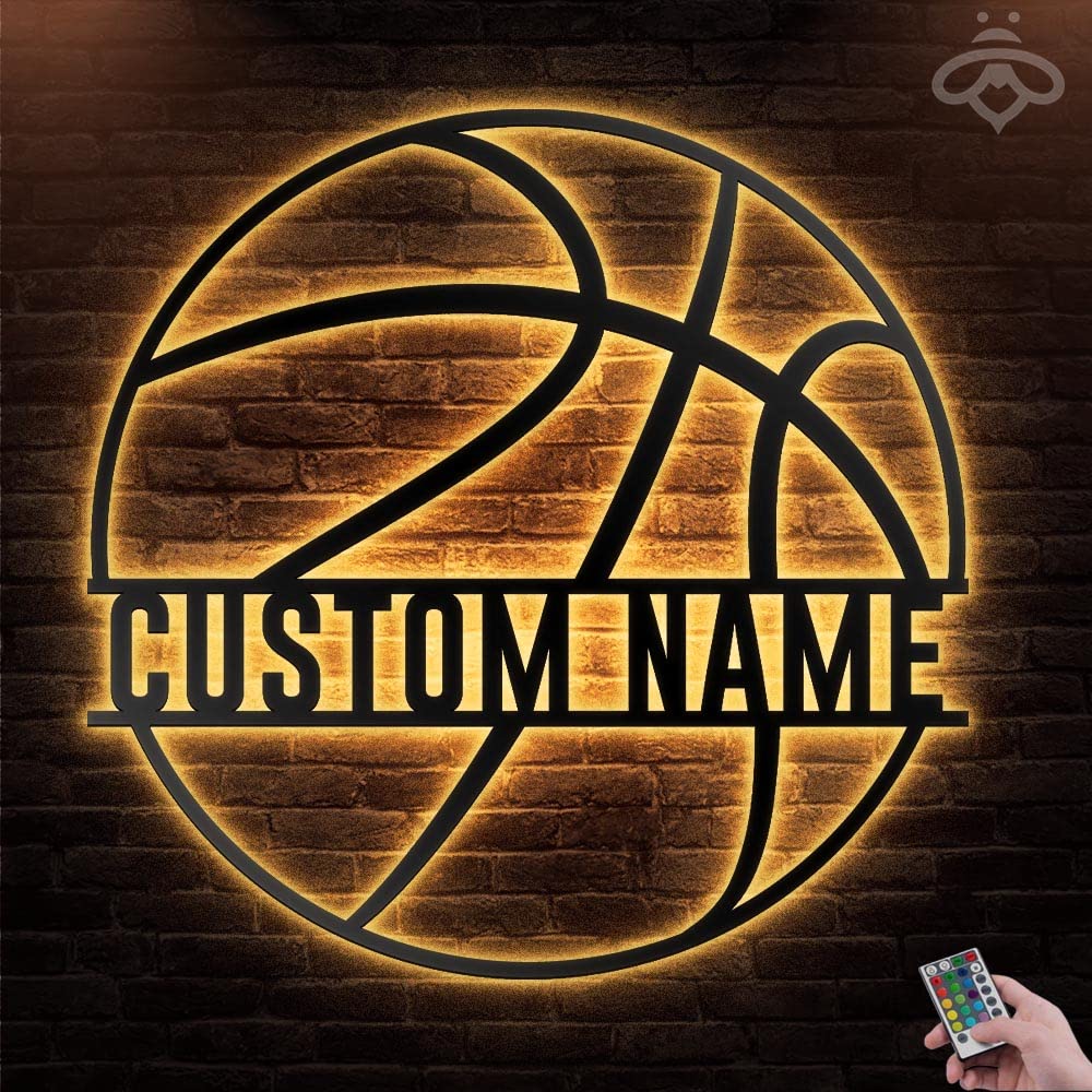 Custom LED Basketball Metal Wall Art - Personalized Sports Decor for Living Room, Outdoor & Gifts - 16x16 Inch Black Metal Sign with Lights - Perfect for Basketball Fans, Player Name Signs & Home Decor