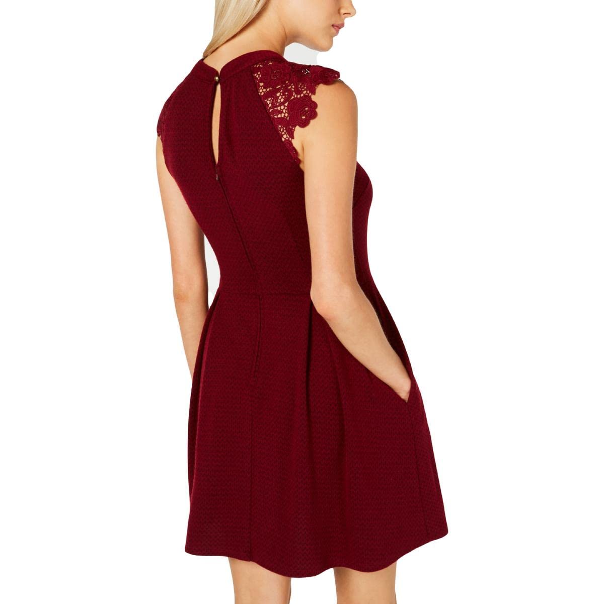 Women's Crochet Trim Pleated Fit & Flare Dress - Red XL | Elegant Summer Dress for Parties, Weddings & Date Nights